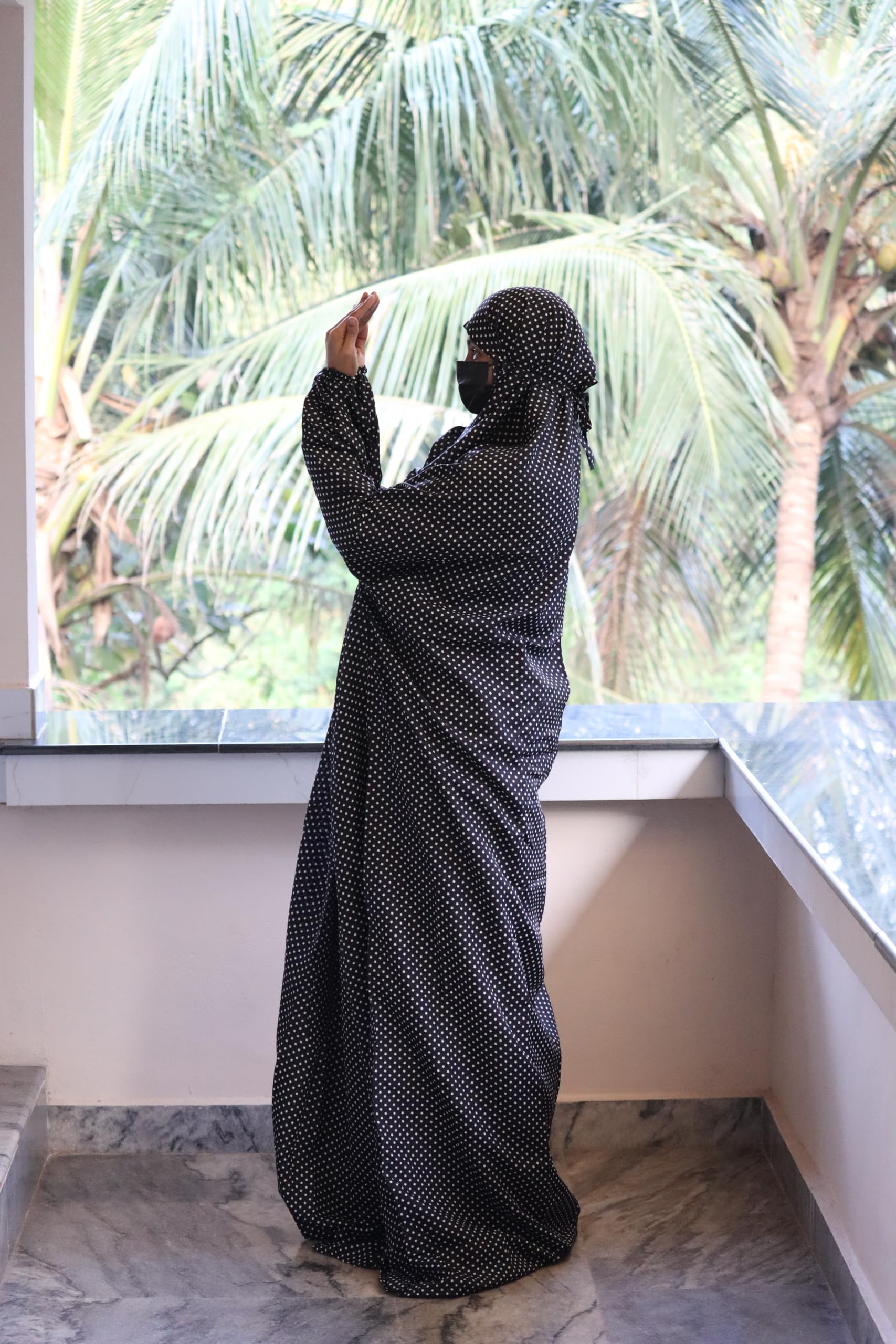 Premium Islamic Prayer Dress for Women - Free Size Muslim Jilbab with Hijab, Namaz Khimar & Niqab - Black with White Stars - Perfect for Salah, Eid, Mosque & Home Worship