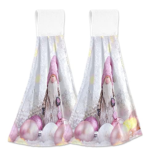 Pink Gnome Hanging Kitchen Towels - 2 Pack Christmas Hand Towels with Loops | Soft Microfiber Coral Velvet Tie Towels for Kitchen, Bathroom & Oven Decor | Absorbent Washcloths for Holiday Home Decor