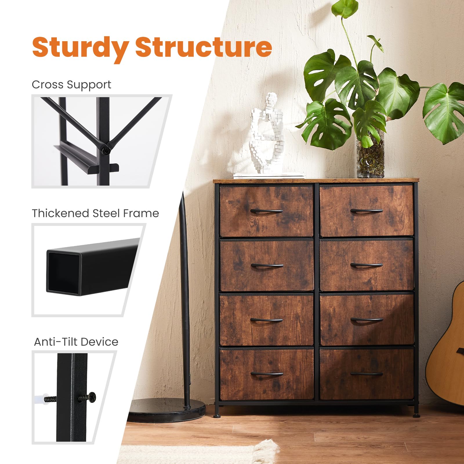 Sweetcrispy 8-Drawer Dresser for Bedroom & Kids Room - Tall Wood Top Chest Tower with Steel Frame | Clothing & Closet Storage Organizer with Fabric Bins | Lightweight & Easy Assembly with Tools Included | Perfect for Nursery, Dorm, or Apartment Organization
