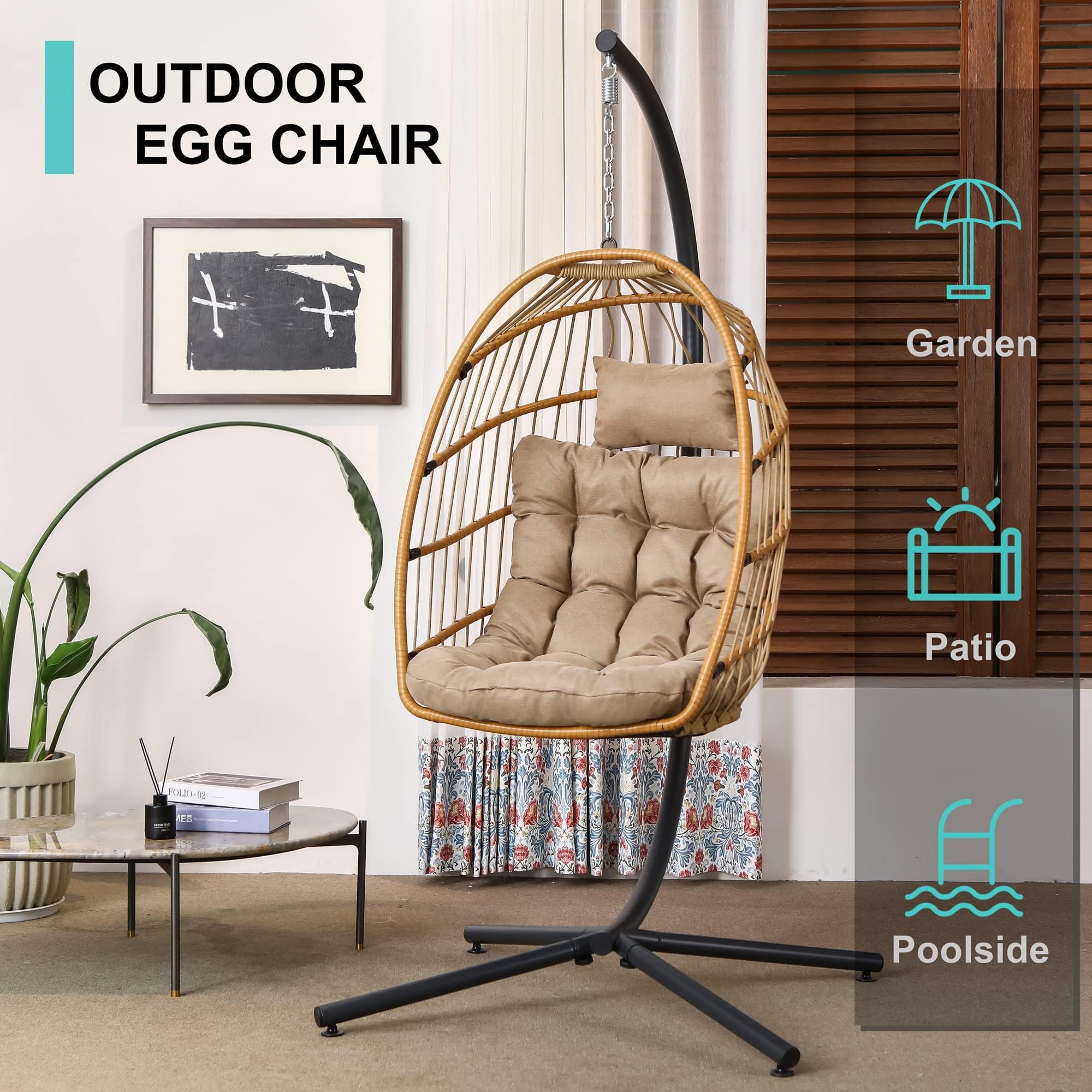 SWITTE Wicker Egg Chair with Stand & Cushion - 350lbs Capacity Hanging Swing Chair for Indoor & Outdoor Use - Perfect for Patio, Garden, Balcony Relaxation (Beige)