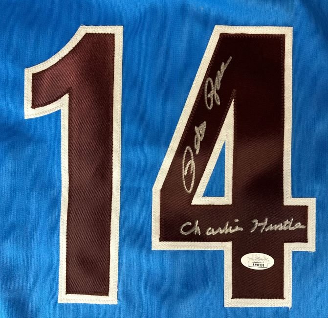 Pete Rose Philadelphia Phillies Signed Blue Baseball Jersey with JSA Hologram - Authentic Charlie Hustle Memorabilia for Sports Collectors and Baseball Fans - Perfect for Display in Man Cave, Sports Bar, or Collector's Showcase