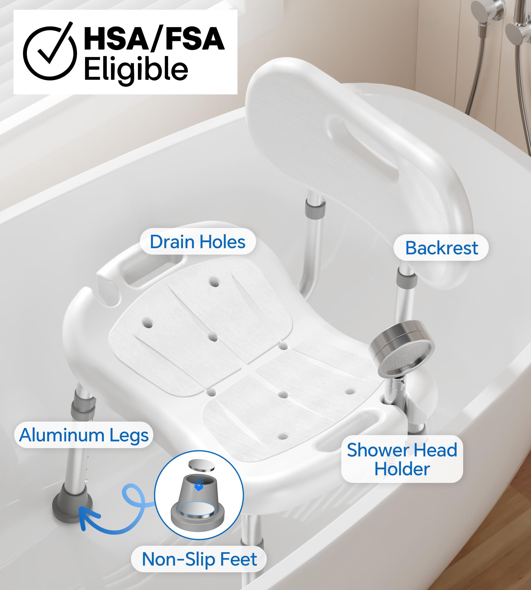 **Adjustable Height Shower Chair with Removable Back – Non-Slip Heavy Duty Bath Seat for Elderly & Disabled – FSA/HSA Eligible – Supports 350 lbs – Ideal for Bathtub & Shower Safety (White)**    *(Perfect for seniors, post-surgery recovery, and mobility assistance – enhances bathroom safety and independence.)*