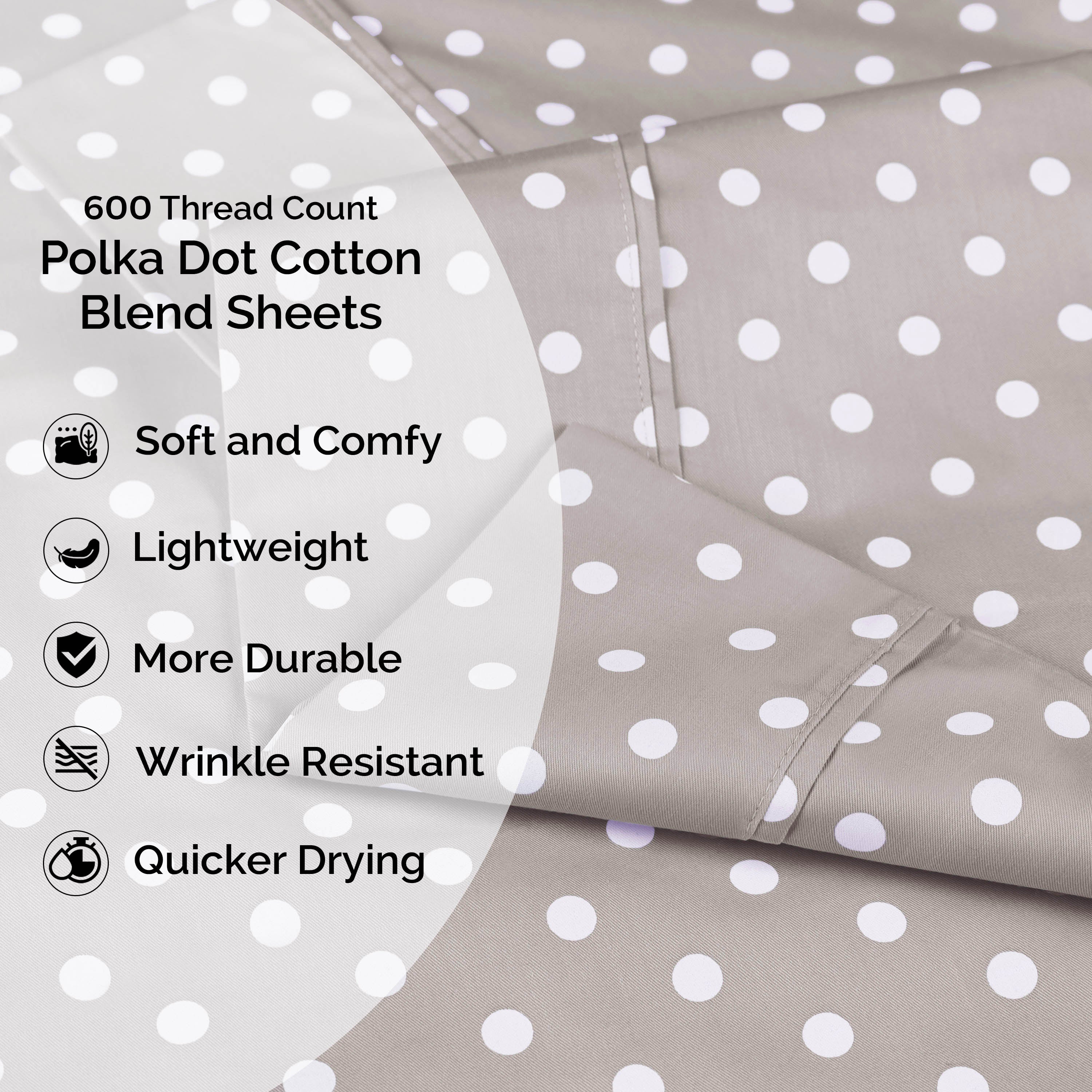 Polka Dot 600 Thread Count Cotton Blend Deep Pocket Sheet Set - Queen Size Bed Sheets for Comfortable Sleep - Perfect for Master Bedroom, Guest Room & Dorm