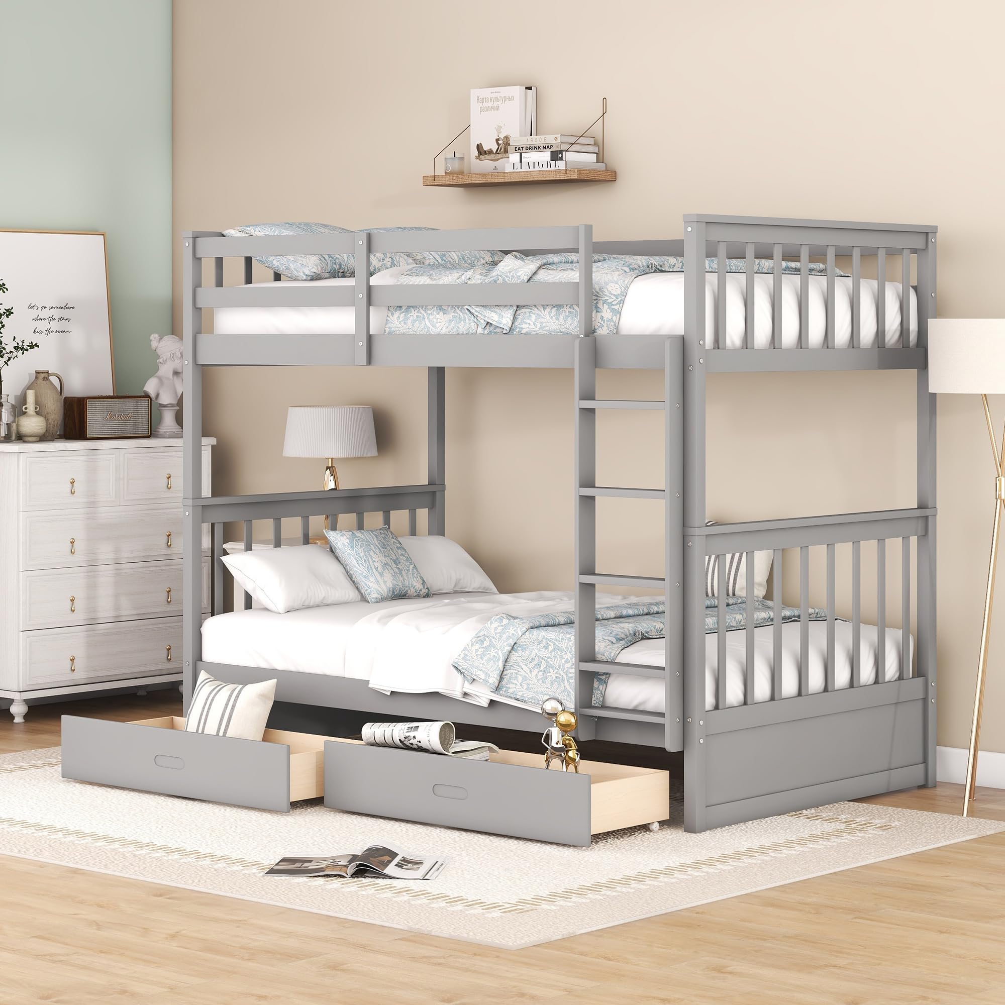 Merax Solid Wood Twin Over Twin Bunk Bed with Ladders & 2 Storage Drawers - Convertible Detachable Frame, Grey | Space-Saving Kids Bedroom Furniture for Shared Rooms & Sleepovers