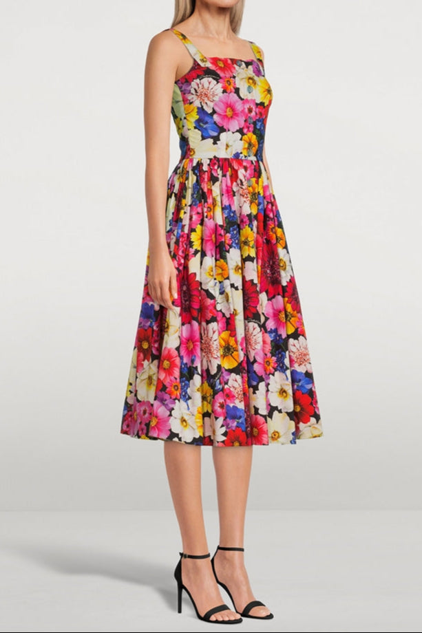 Stylish Cotton Poplin Midi Dress with Floral Garden Print - Perfect for Spring Outings & Summer Parties