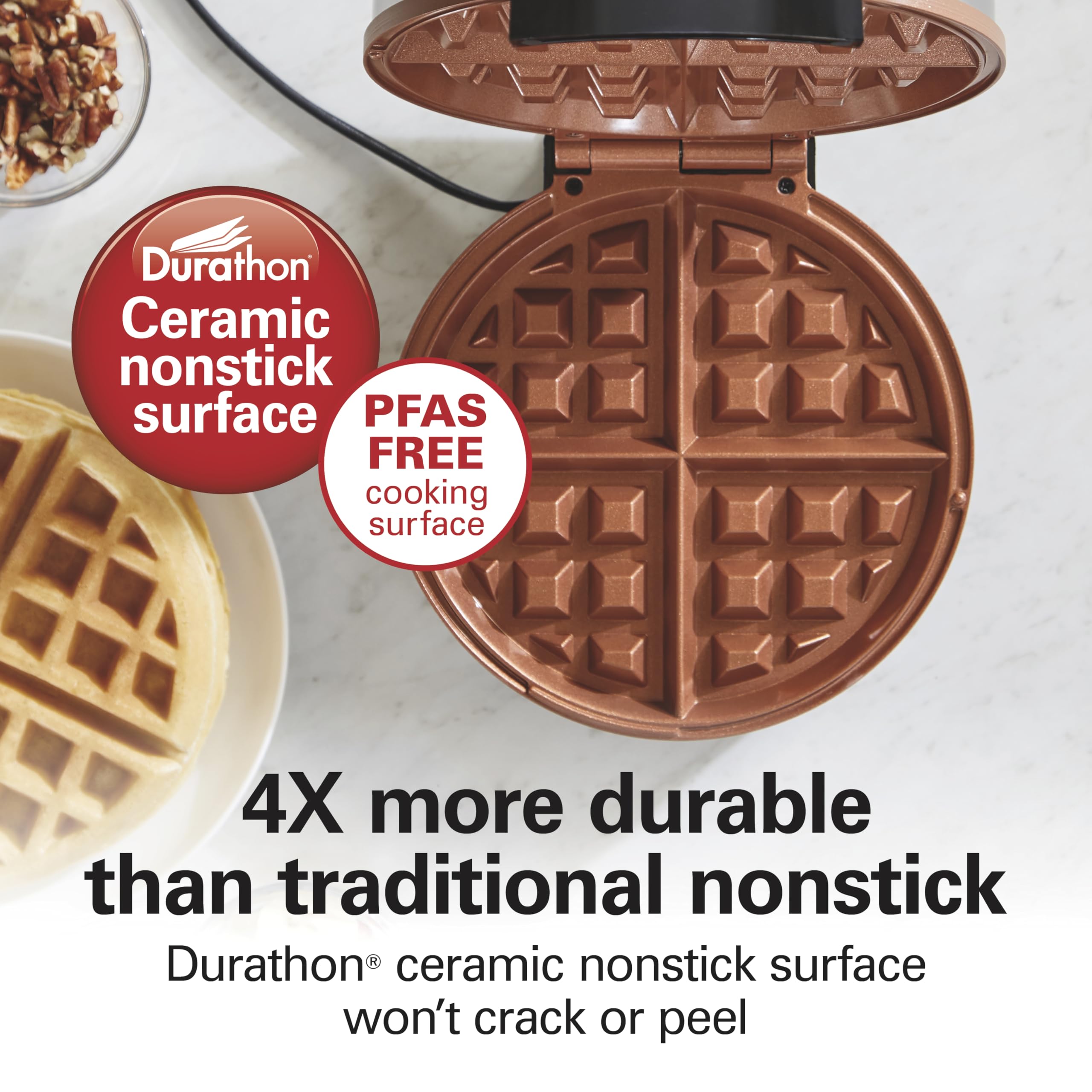 Hamilton Beach Belgian Waffle Maker - PFAS-Free Non-Stick Ceramic Coating, Adjustable Browning Control, LED Indicator Lights, Stainless Steel Design (Model 26081) - Perfect for Breakfast, Brunch, and Family Gatherings