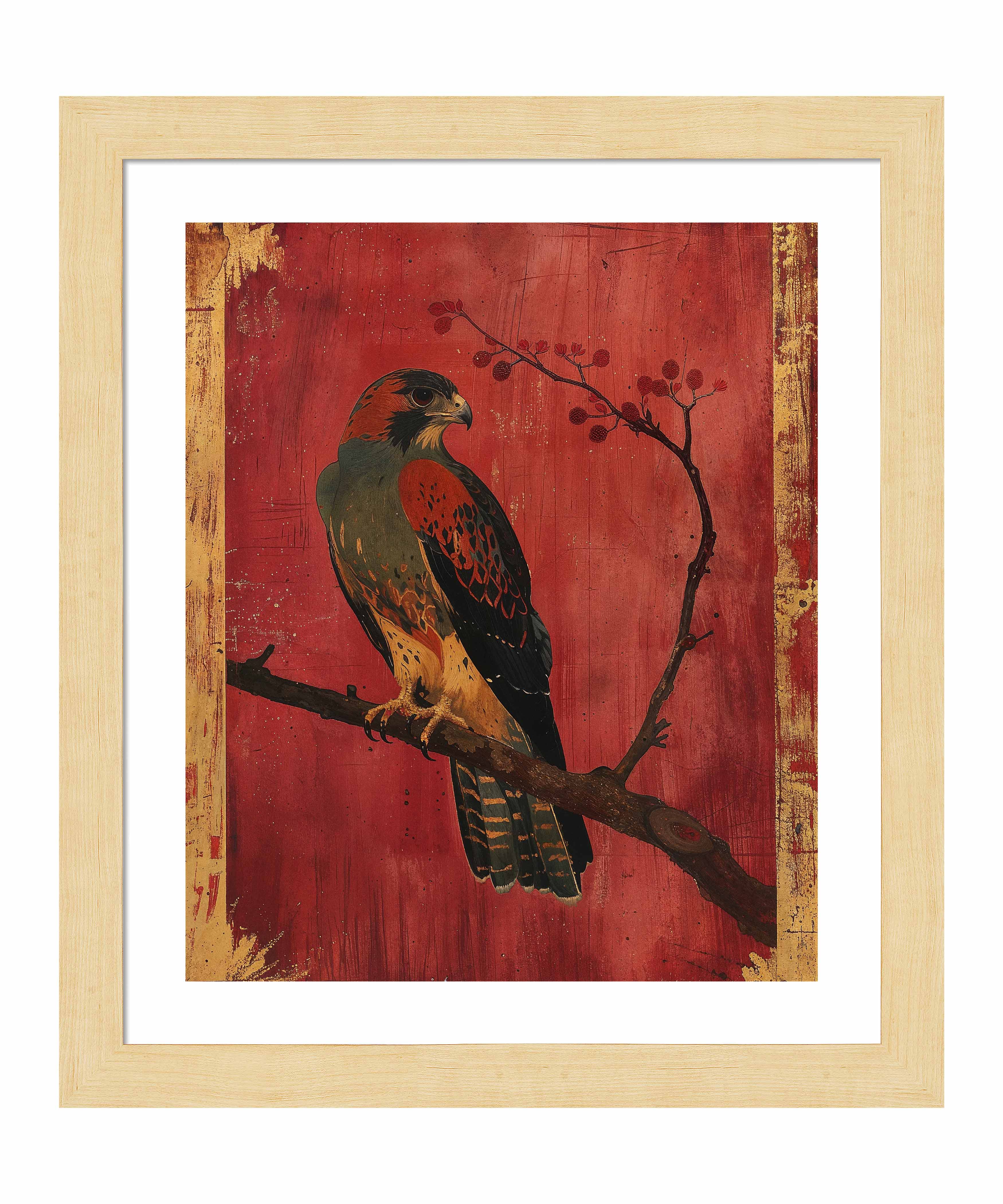 Crimson Majesty Falcon of the Silk Road Art Prints - Elegant Wall Decor for Living Room, Bedroom & Office | Historical Silk Road Inspired Artwork