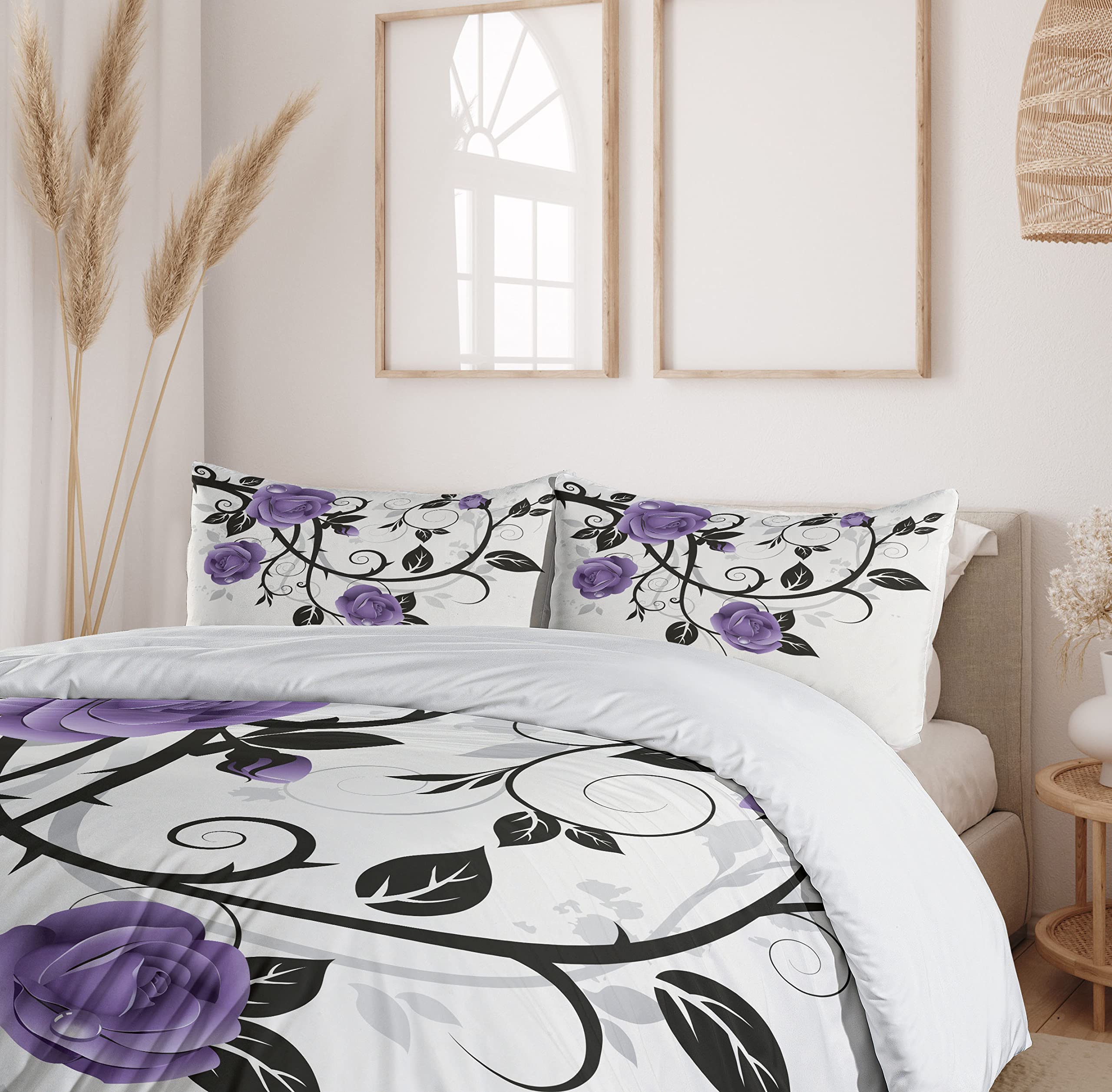 Lunarable Floral Duvet Cover Set - Spring Roses with Monochrome Branches on Grunge Background, 3-Piece Bedding Set with 2 Pillow Shams, California King Size, Lavender Black & White | Perfect for Bohemian Bedroom Decor & Guest Room Styling