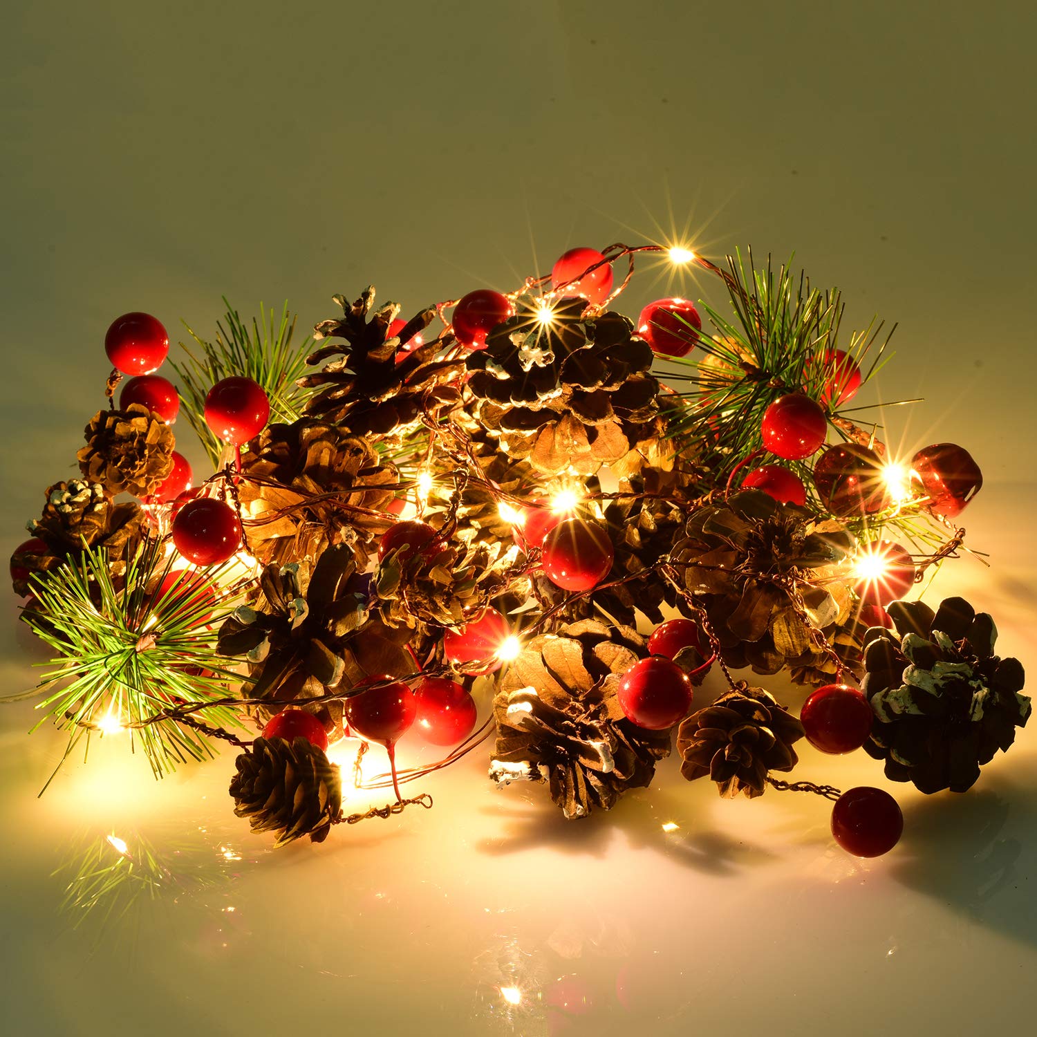 6.7FT Christmas Garland with 20 LED Lights - Battery Operated Red Berry Pine Cone Garland String Lights for Fireplace, Mantel, Staircase - Festive Holiday Home Decorations for Christmas Tree, Windows and Indoor Decor
