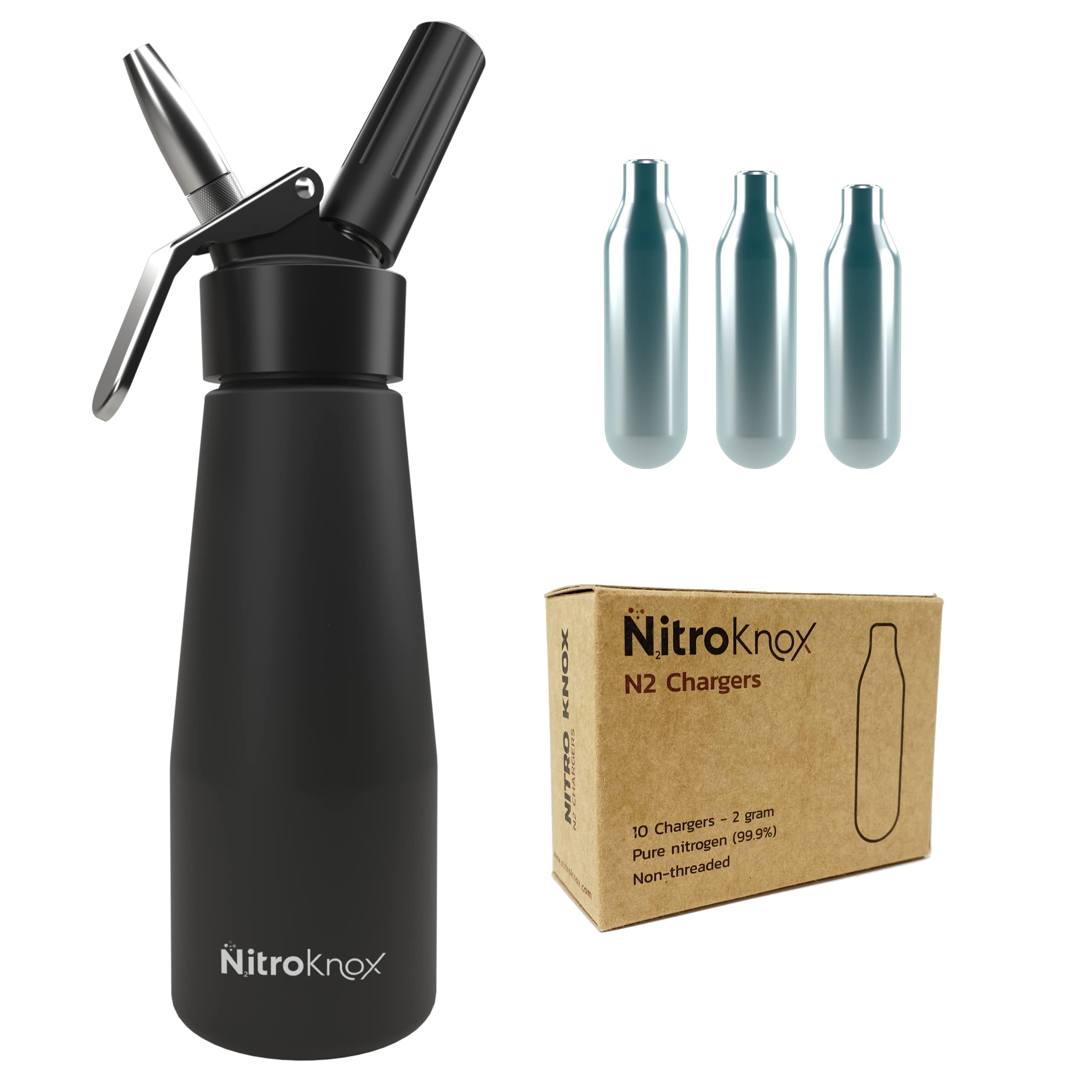 Nitro Cold Brew Coffee Maker Kit by Nitroknox – 1 Pint Aluminum Dispenser with Pure Nitrogen (N2) Chargers – Home Barista System for Creamy Nitro Coffee (Matte Black) | Perfect for Home Cafes, Office Brewing & Coffee Shop Quality Drinks
