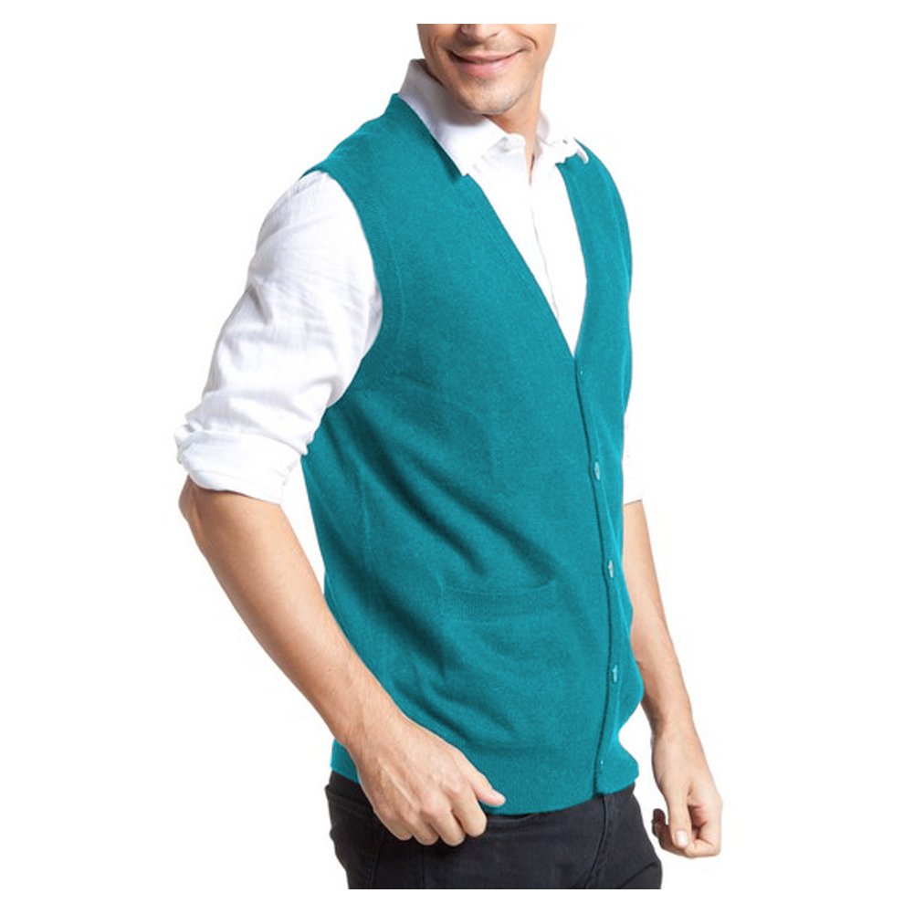 Parisbonbon Men's 100% Cashmere V-Neck Cardigan Vest - Sky Blue, Size 3X - Premium Soft & Warm Winter Layering Piece for Office & Casual Outfits