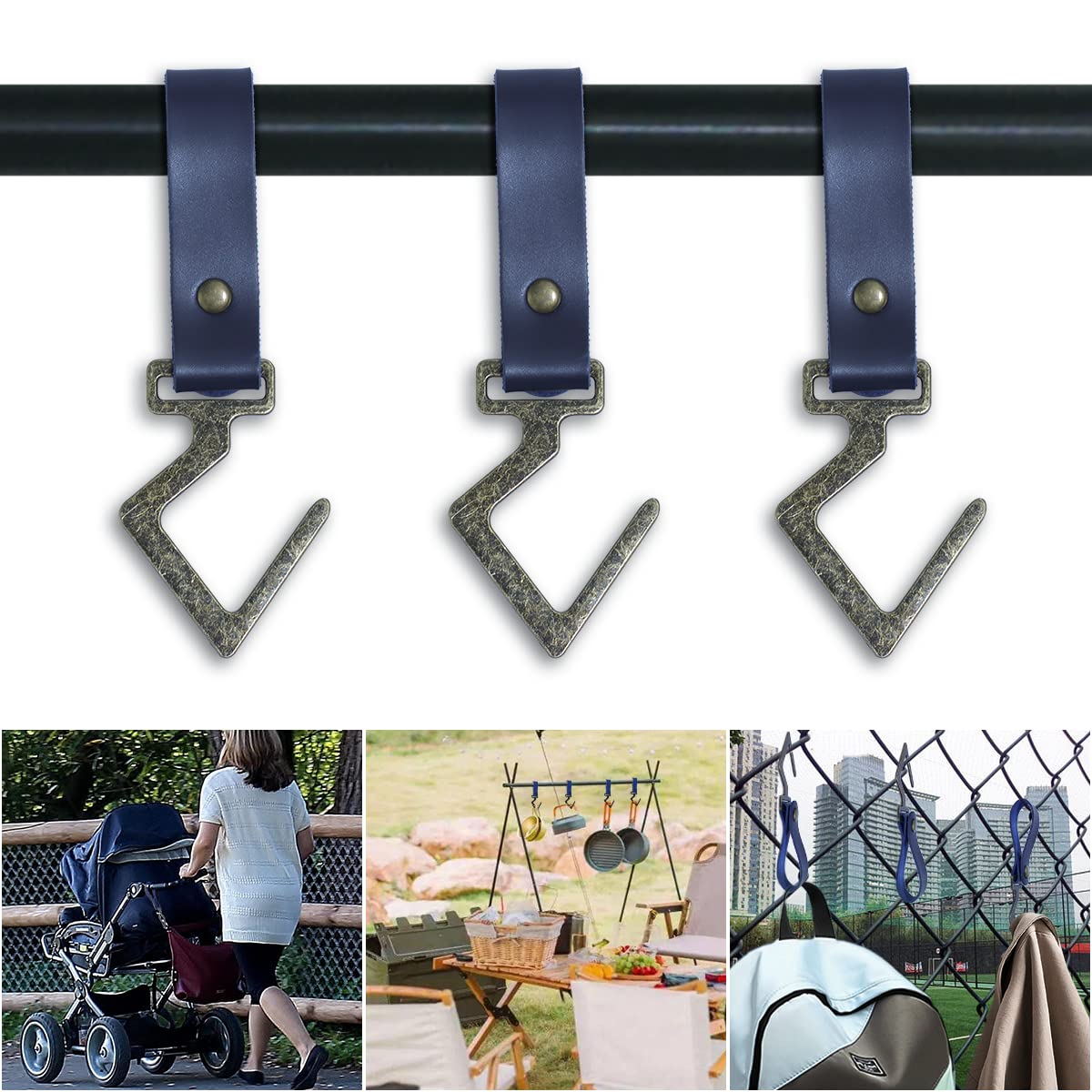 COZYLIFE 3-Pack Baseball Hanging Bag Fence Hooks with Safety Buckles - Heavy Duty Leather Strap & Metal Clips for Camping, Softball, Outdoor Sports (Blue) - Perfect for Hanging Water Bottles, Backpacks & Sports Gear