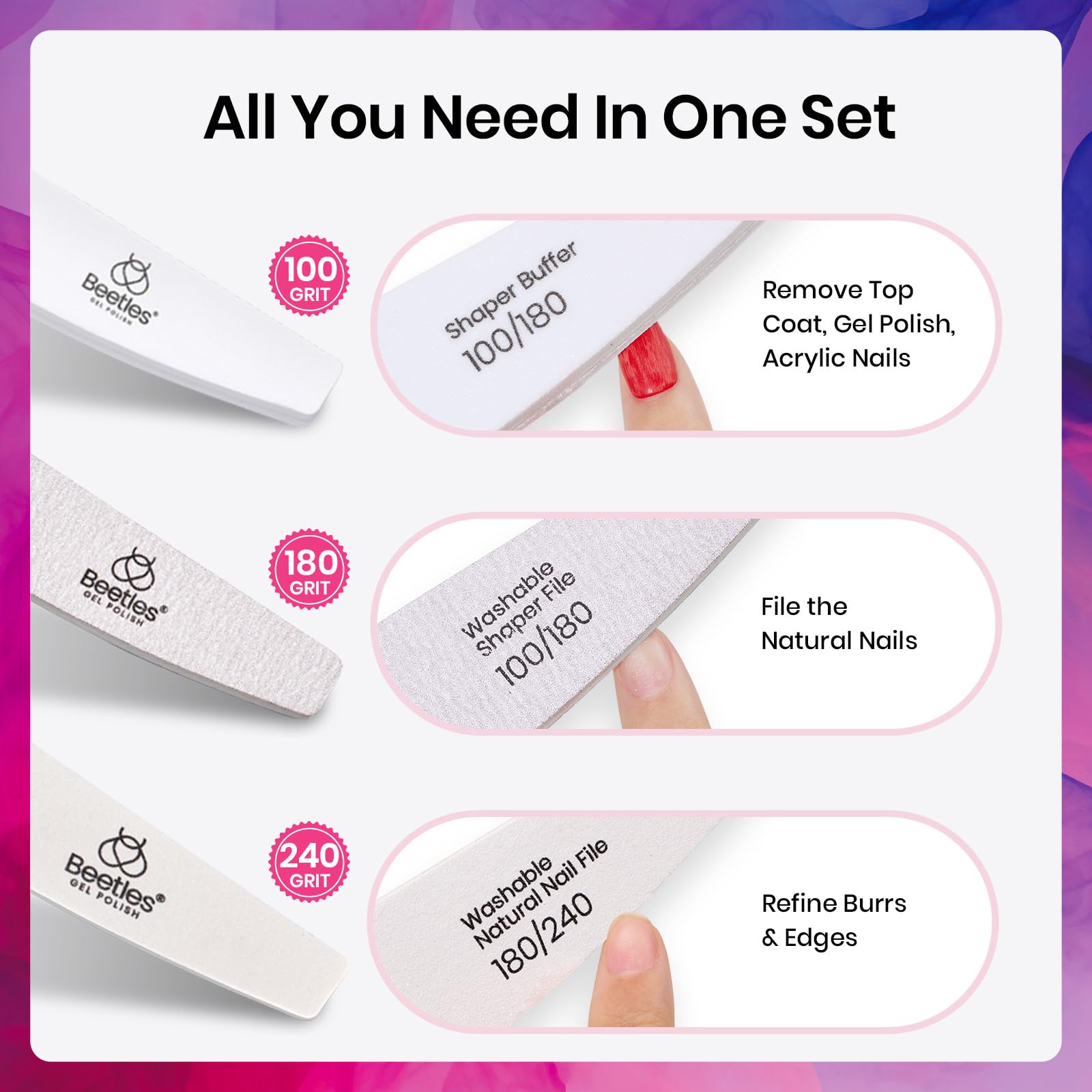 Beetles Professional Nail File and Buffer Set - 3 Pcs 100/180/240 Grit Nail Files for Acrylic, Gel & Natural Nails - Manicure Tools for Home Salon, DIY Nail Care - Perfect Gift for Women & Nail Enthusiasts (Use for shaping, smoothing, and polishing nails at home or professional salons)
