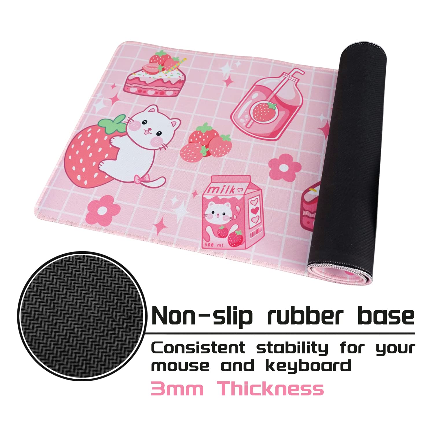 Kawaii Strawberry Milk Cat Gaming Mouse Pad - Extra Large 31.5