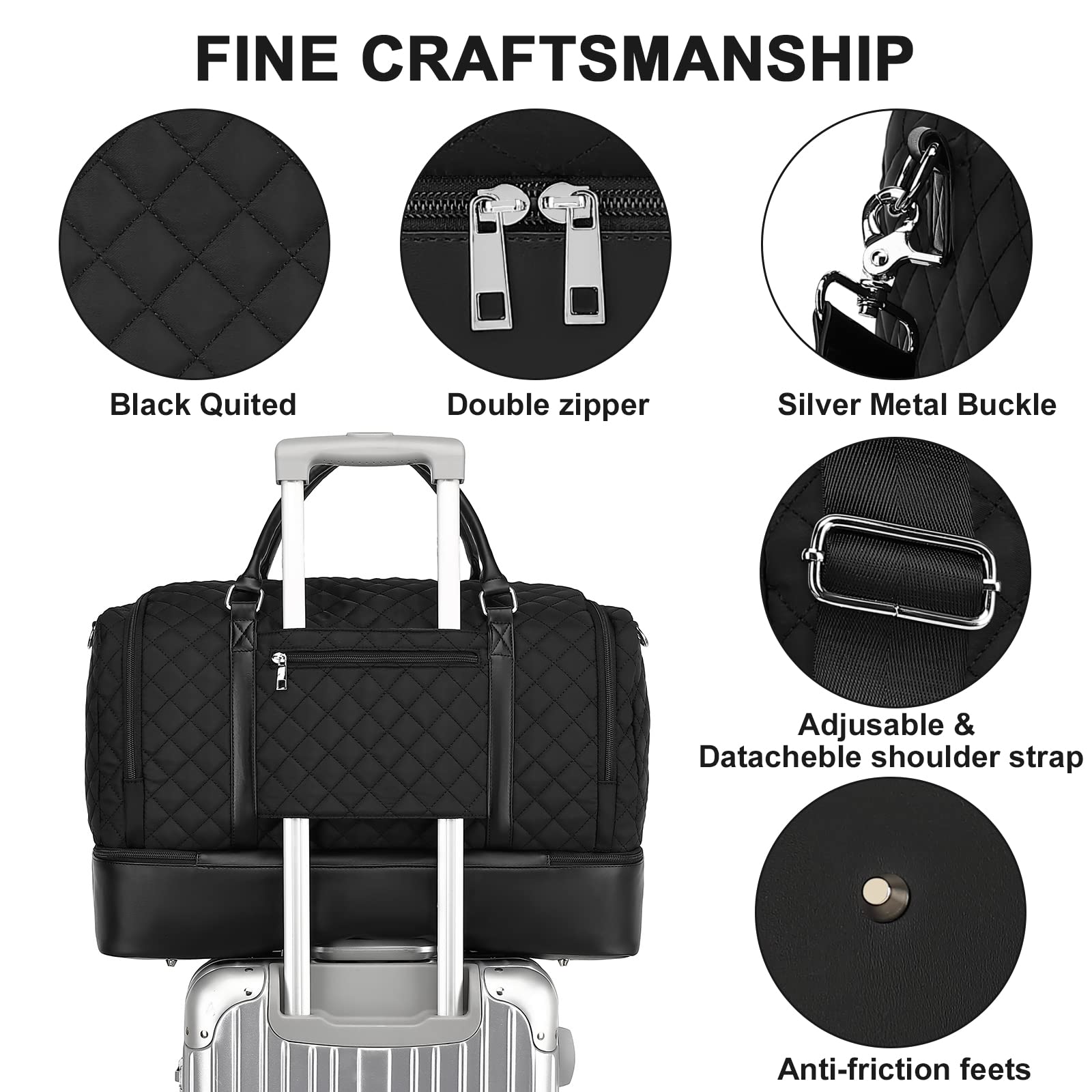 42L Travel Weekender Duffle Bag Set with Shoe Compartment - 3-Piece Carry On Luggage for Women & Men (Black Quilted) | Gym, Airplane Trip, Overnight Stay | Includes Fanny Pack & Makeup Bag