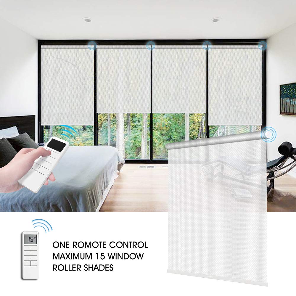 Motorized Solar Roller Shades - Cordless White Fabric Window Blinds with Remote Control & Rechargeable Battery (Valance/Valance-Free Options) - Flame Retardant & Waterproof for Home, Office - Perfect for Living Room, Bedroom, Patio Doors & Sunrooms