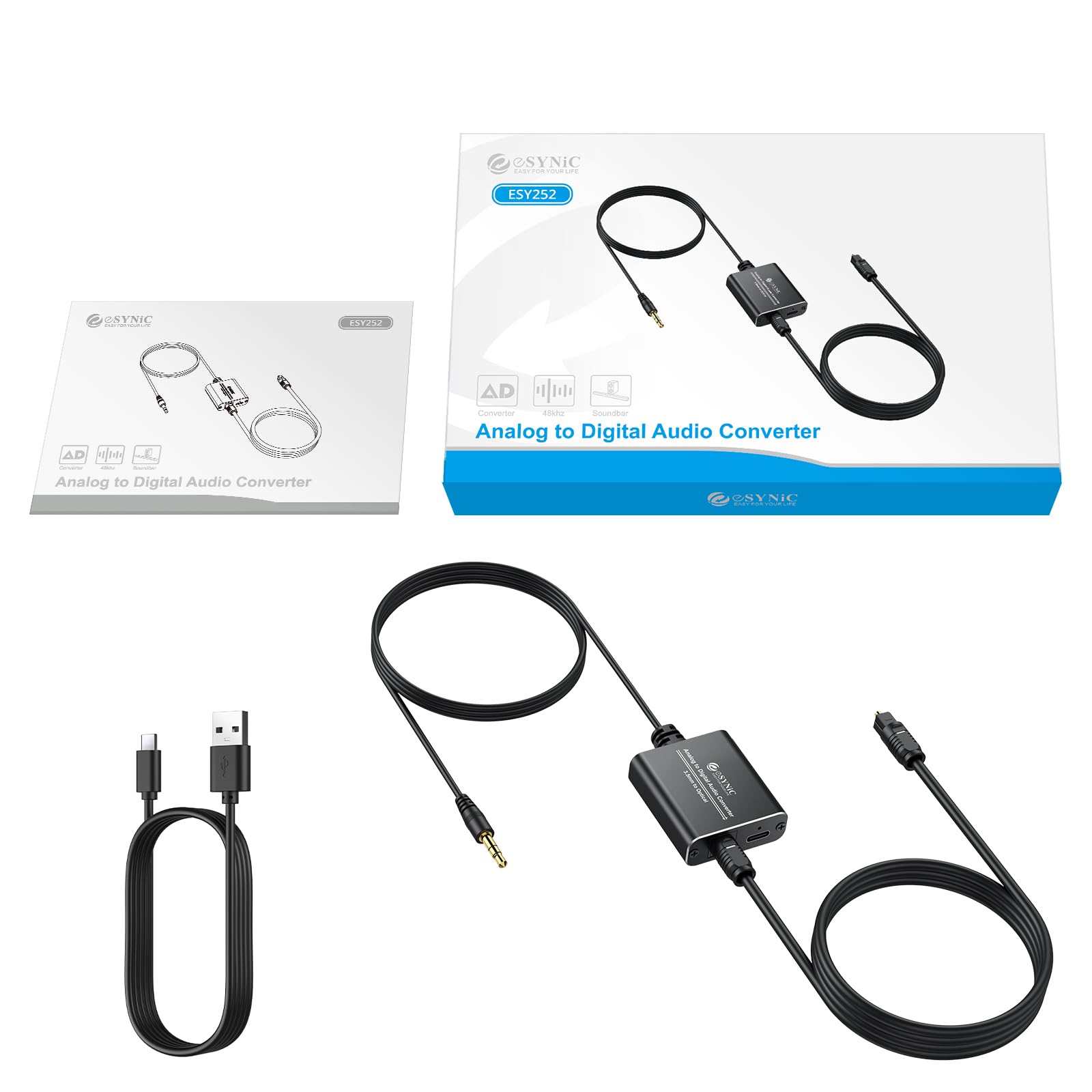 eSynic Analog to Digital Audio Converter - 3.5mm to Optical Adapter, Aux to SPDIF Converter with Alloy Shell for Laptop, Soundbar, TV, Home Theater (Supports PCM Audio Output) - Perfect for Home Entertainment & Gaming Systems