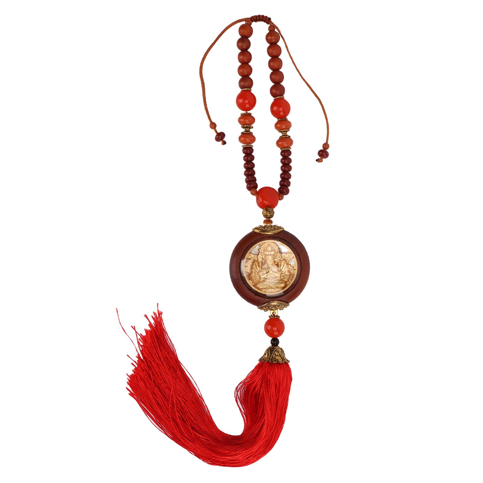 2.16×14.86 Inch Rosewood Buddha Car Charm Pendant - Feng Shui Car Hanging Ornament with Smooth Beads & Red Tassel - Spiritual Car Decor for Home, Office, Travel Protection & Positive Energy