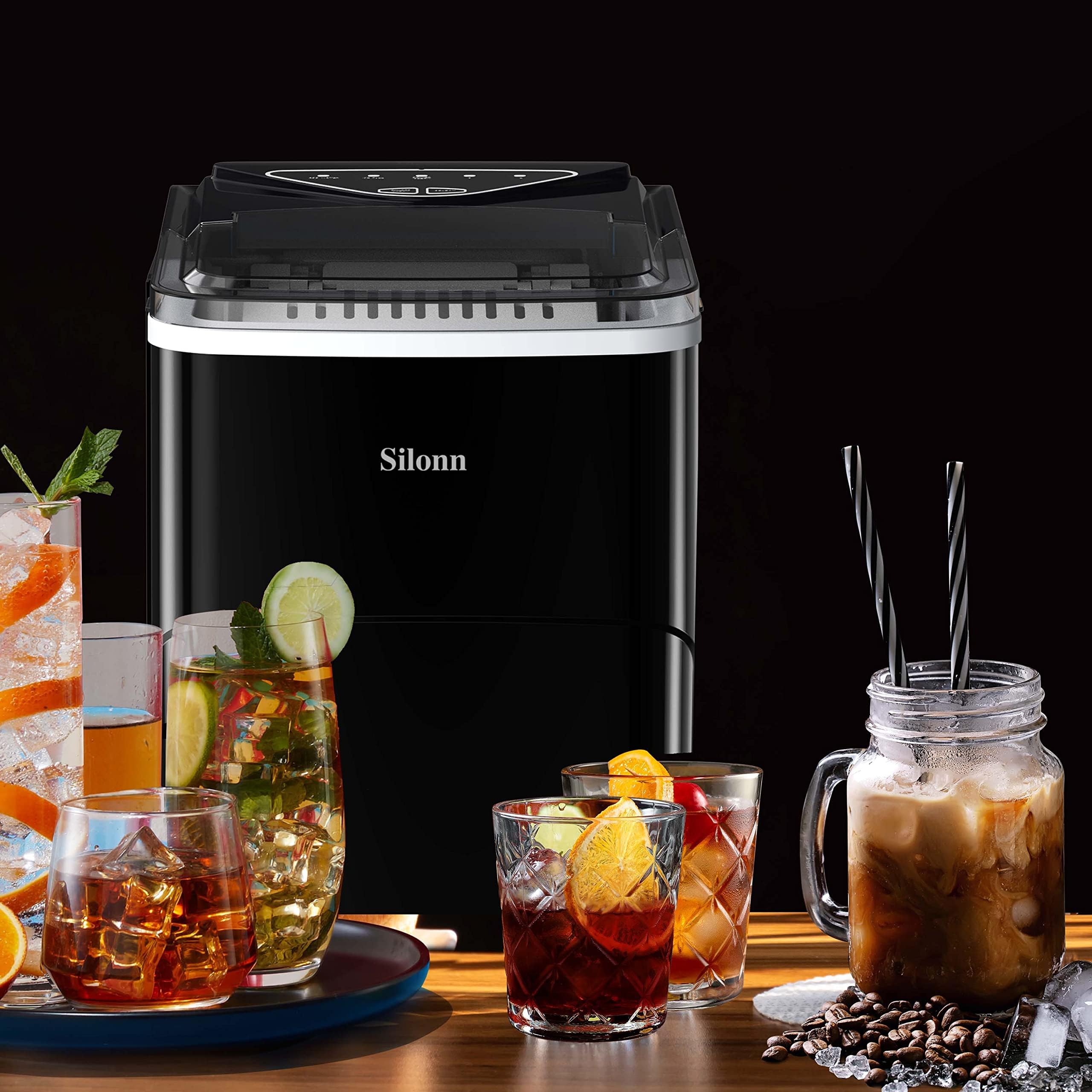 Silonn Portable Countertop Ice Maker Machine - 26lbs/24Hrs, Auto-Cleaning, 2 Ice Size Options (Bullet Ice) for Home, Kitchen, Office, Bar & Parties | Perfect for Cocktails, Beverages & Outdoor Events - Black