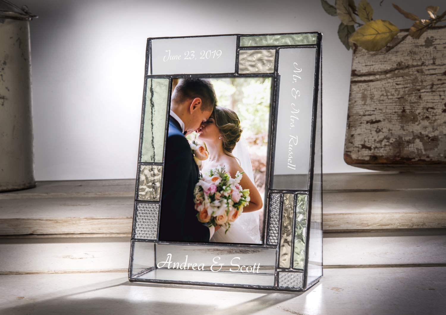 Personalized Wedding Picture Frame - Green Yellow Glass Table Top Photo Keepsake for Couples | Perfect for Engagement & Anniversary Gifts