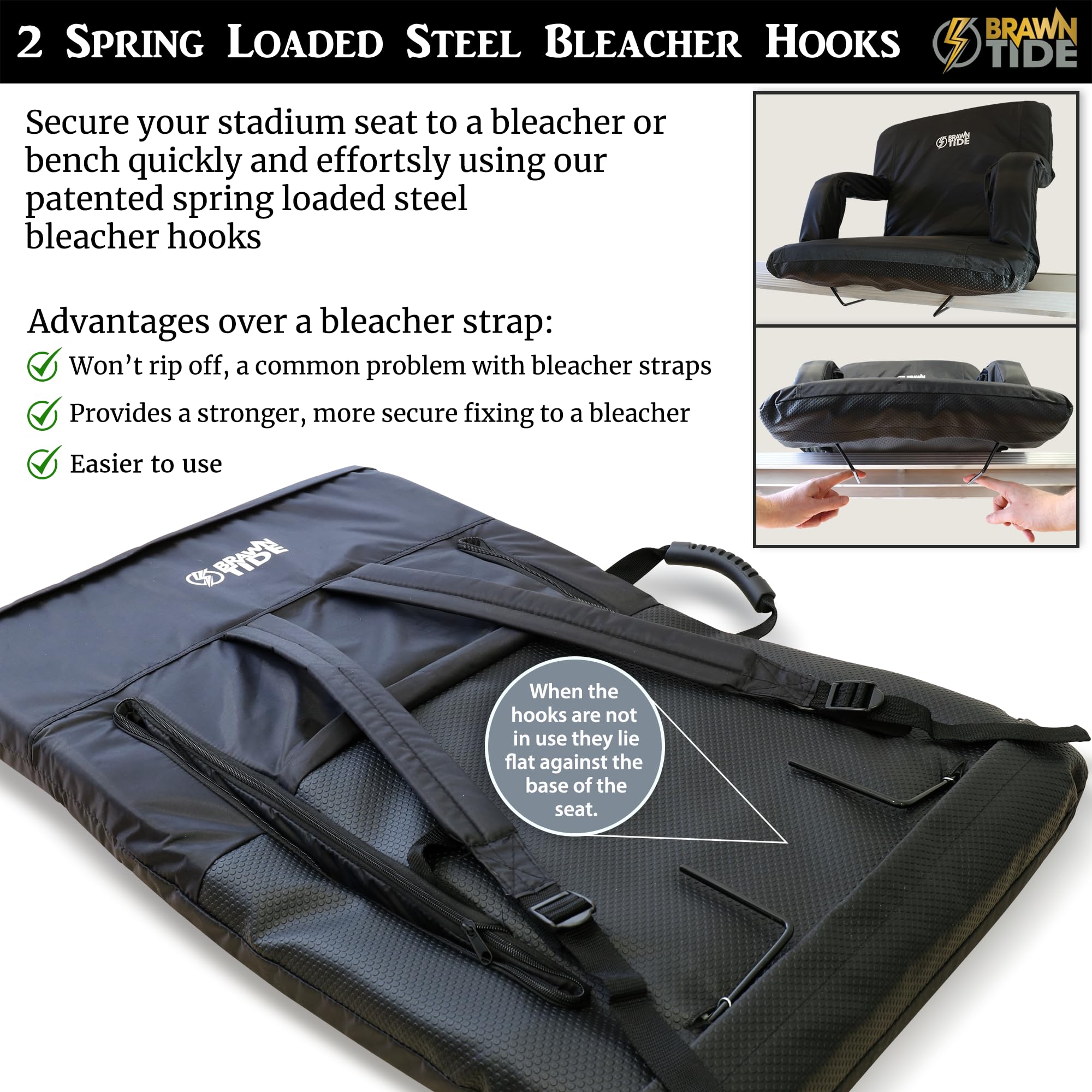 BRAWNTIDE Stadium Seat with Back Support - Comfortable Cushion, Thick Padding, 2 Steel Bleacher Hooks, 4 Storage Pockets, 2 Cup Holders, Reclining Back - Perfect for Sports Games, Beach Outings, Camping Trips & Outdoor Concerts | Portable Bleacher Chair for Baseball, Football, Soccer & Picnics