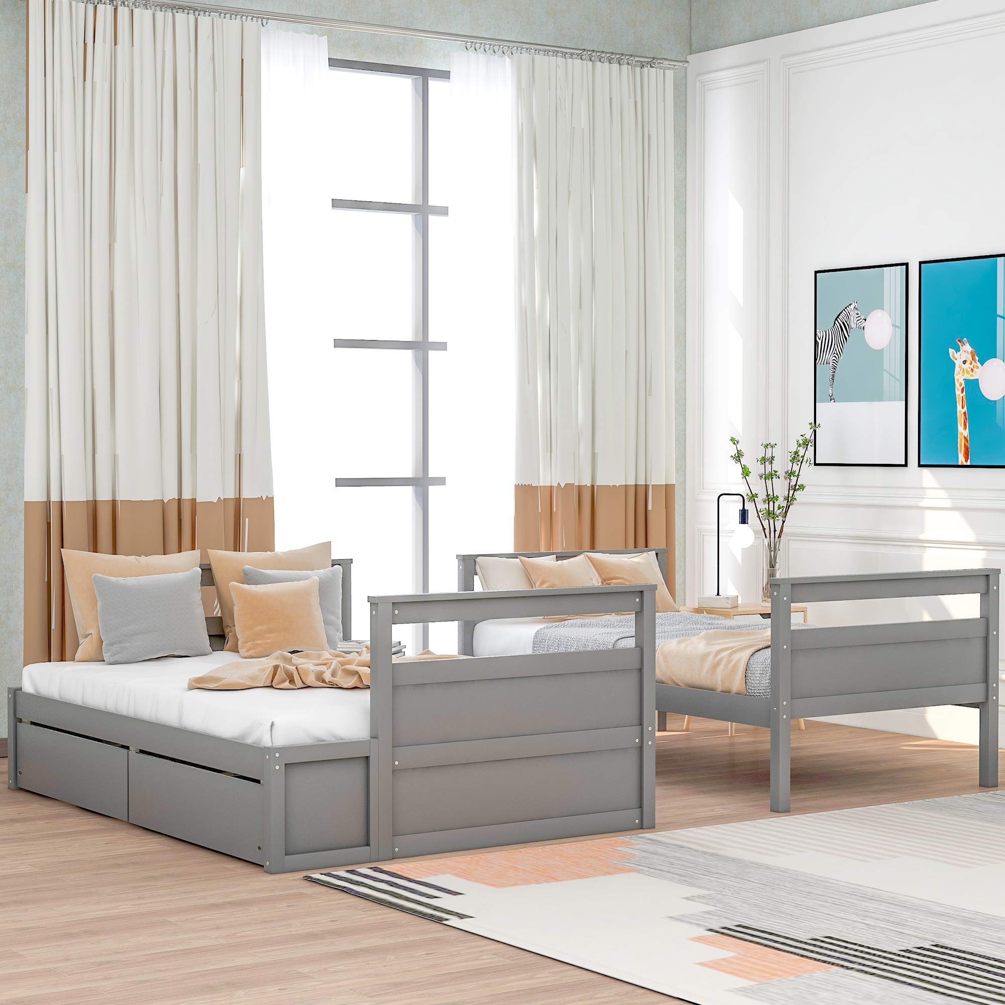 Solid Wood Twin Over Full Bunk Bed with Storage - Convertible to 2 Beds for Kids & Adults - Space-Saving Bedroom Solution