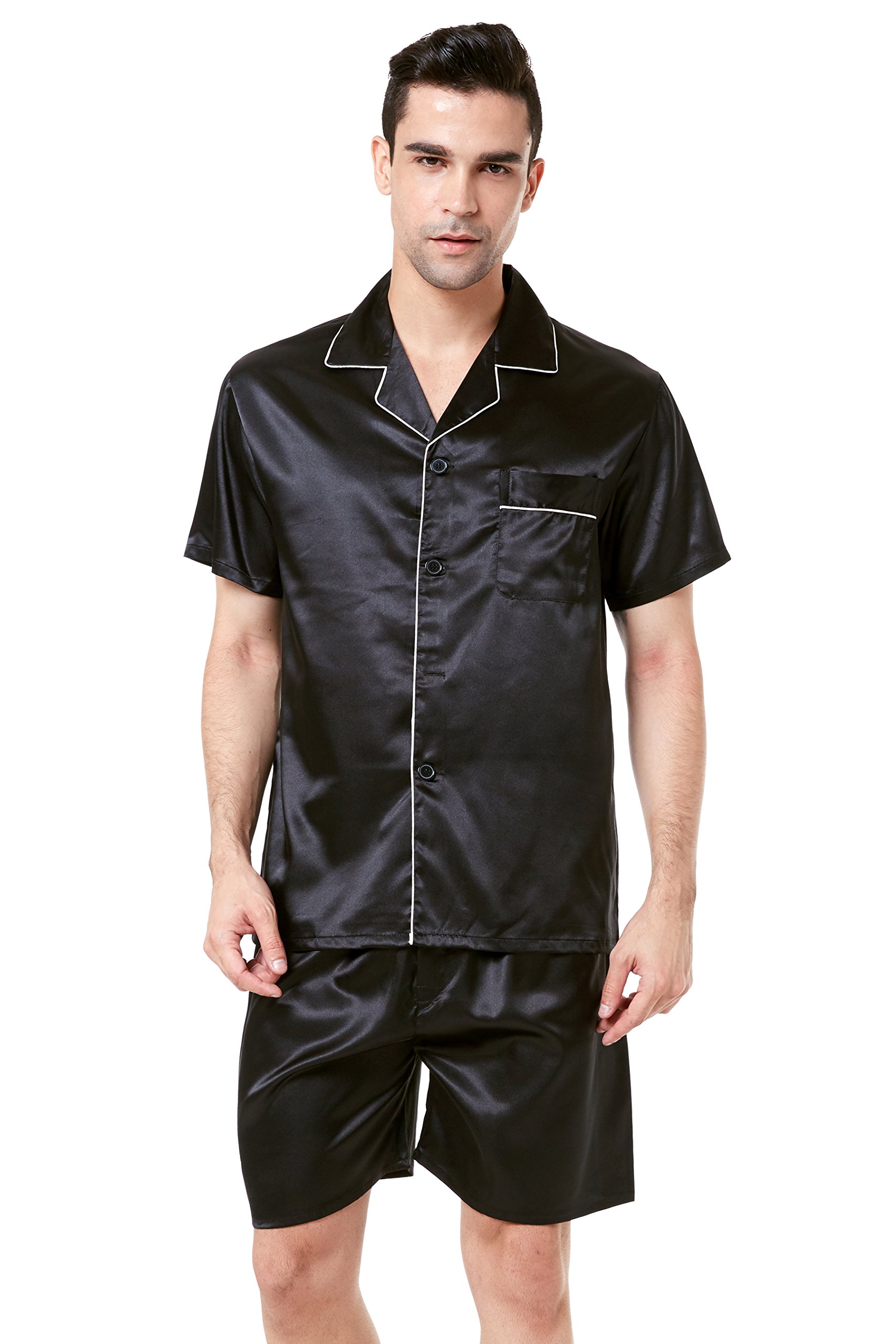 Men's Short Sleeve Satin Pajama Set with Comfortable Lounge Shorts - Soft & Breathable Sleepwear for Summer Nights, Lounging at Home, and Relaxing Weekends