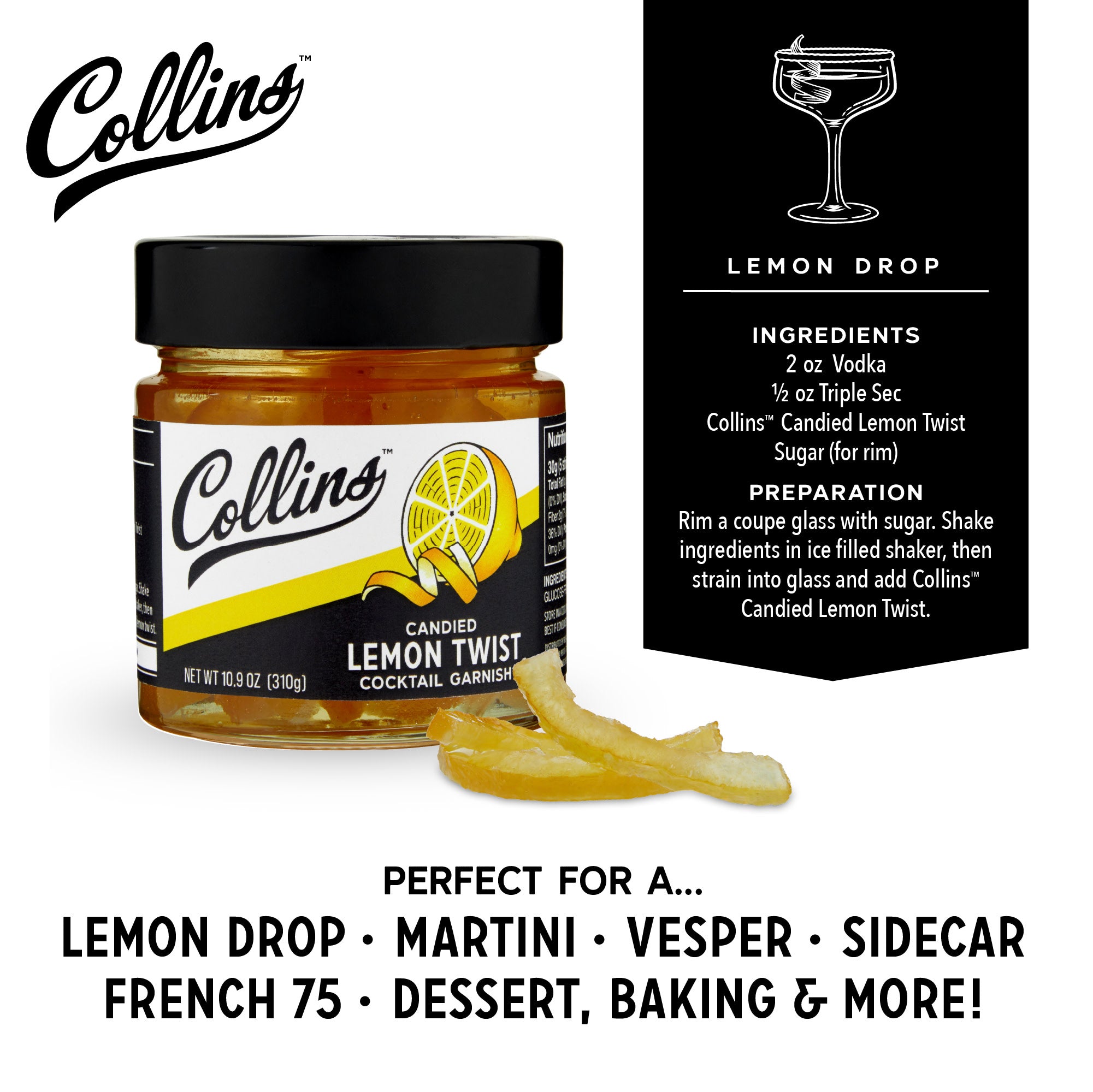 Candied Lemon Twist in Syrup - 10.9 oz Jar | Sweet & Tangy Lemon Peel for Baking, Cocktails & Desserts | Perfect for Cakes, Drinks & Gift Baskets