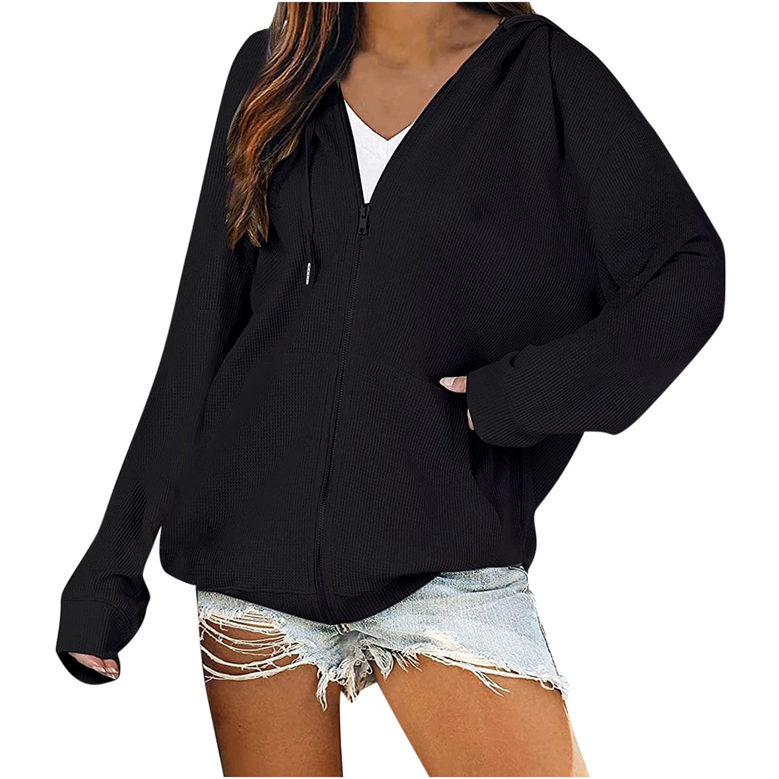 Women's Casual Hooded Cardigan with Zipper Pocket - Soft Waffle Knit Sweater for Everyday Wear | Perfect for Layering, Lounging & Outdoor Activities