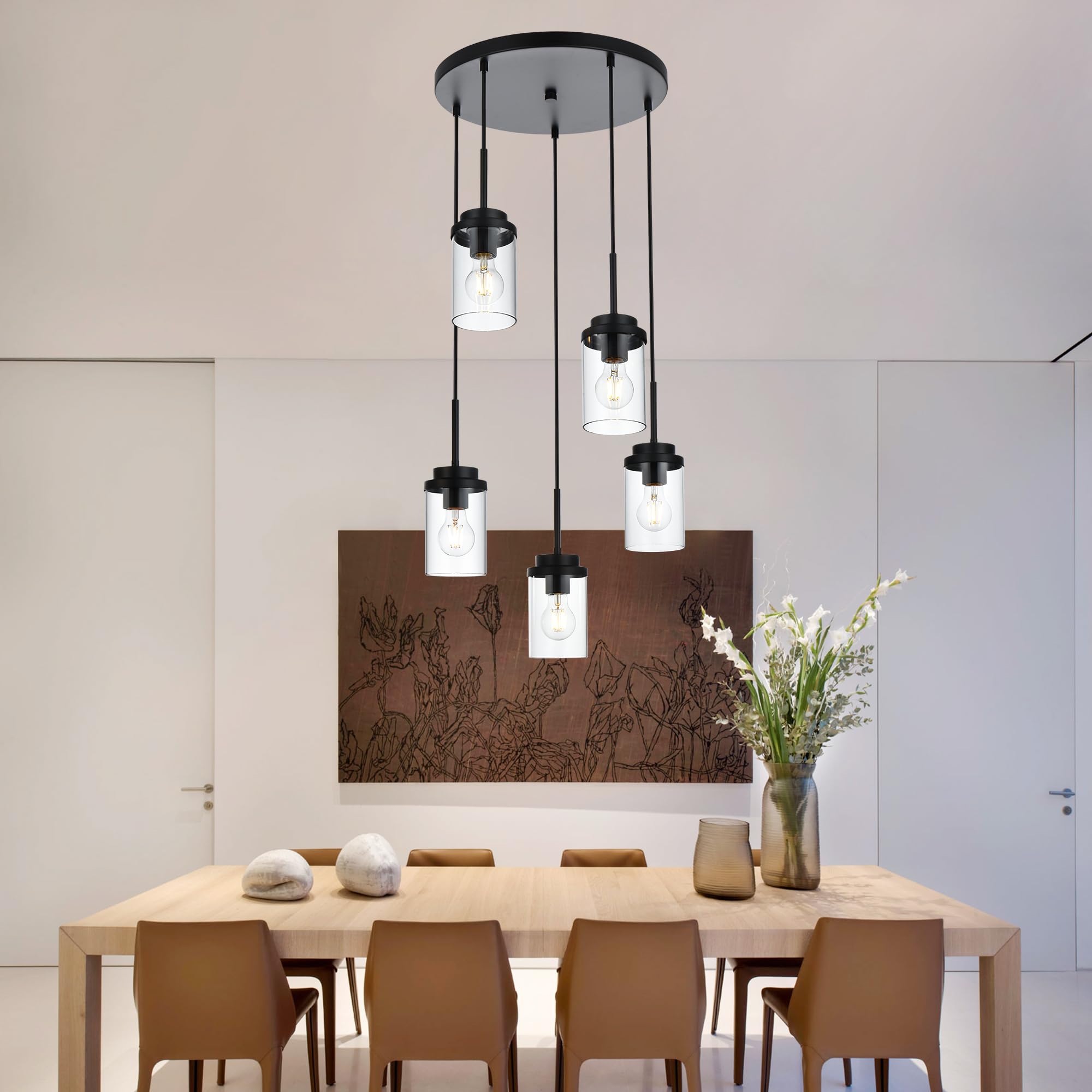 MELUCEE 5-Light Modern Black Pendant Light Fixture with Clear Glass Shade - Cluster Chandelier for Kitchen Island, Dining Room, Living Room Ceiling Lighting | Perfect for Farmhouse, Industrial & Contemporary Home Decor