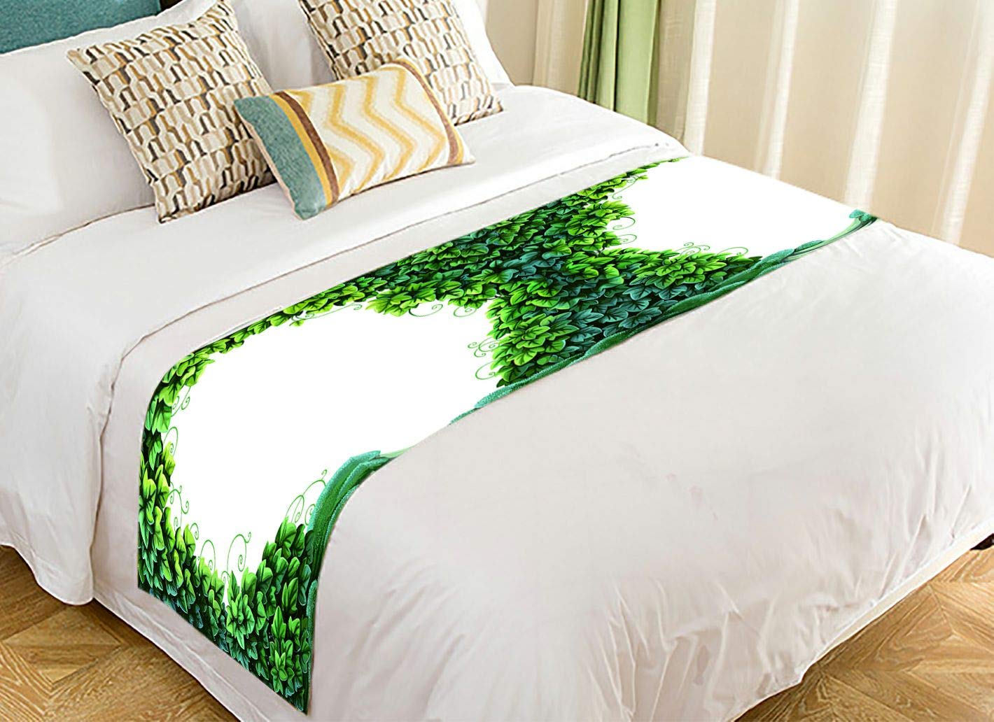 Enchanted Forest Green Ivy Moss White Bed Runner Scarf - 20x95 Inch Elegant Bedding Decoration for Boho, Farmhouse & Vintage Style Bedrooms