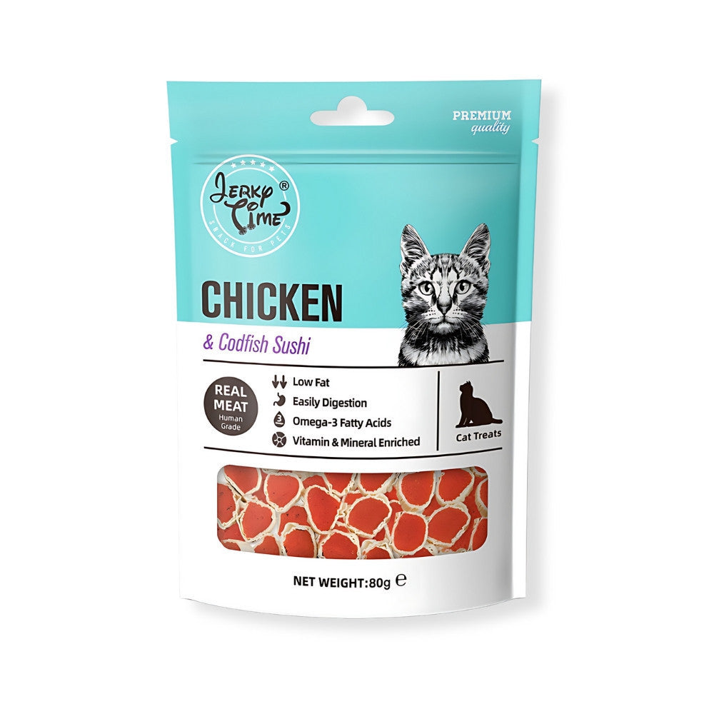 Premium Jerky Time Cat Treats 80g - Chicken & Codfish Duck Strips, Bites & Sushi Snacks - All-Natural Preserved Cat Food for Training & Rewards - Perfect for Playtime & Bonding Moments