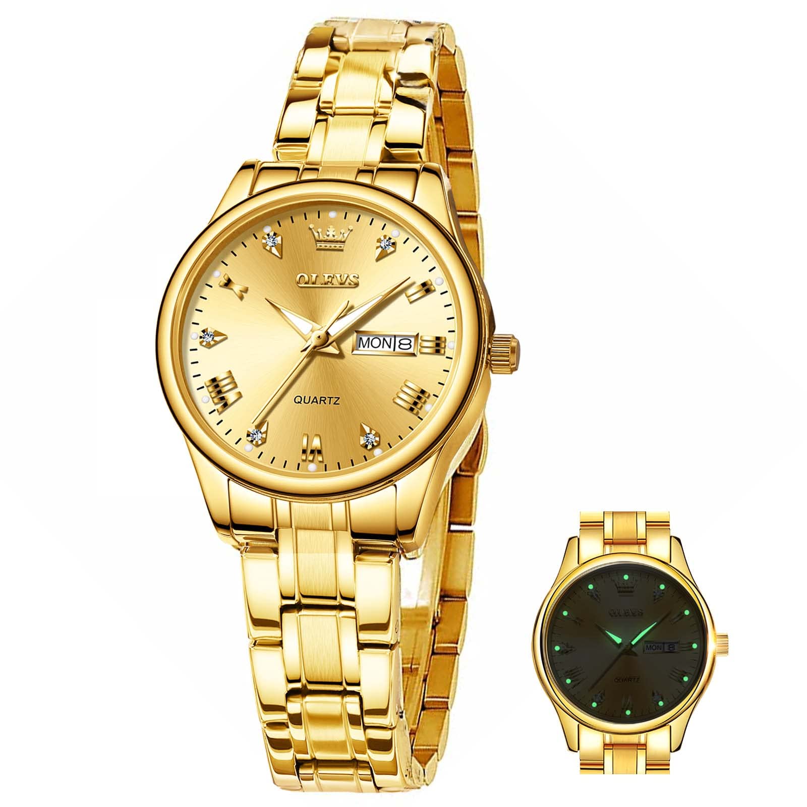 OLEVS Women's Gold Stainless Steel Waterproof Analog Watch with Date & Day - Small Face Quartz Movement, Fashion Gold/Black/White Dial Ladies Wristwatch - Perfect for Office, Party & Everyday Wear
