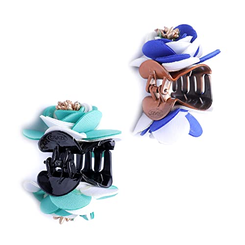 NAVMAV Hair Claw Clip for Women & Girls - Bridal Hair Accessories with Jasmine Flower, Beads & Stones - 2pc Multicolor Hair Clutcher for Wedding, Party & Everyday Styling