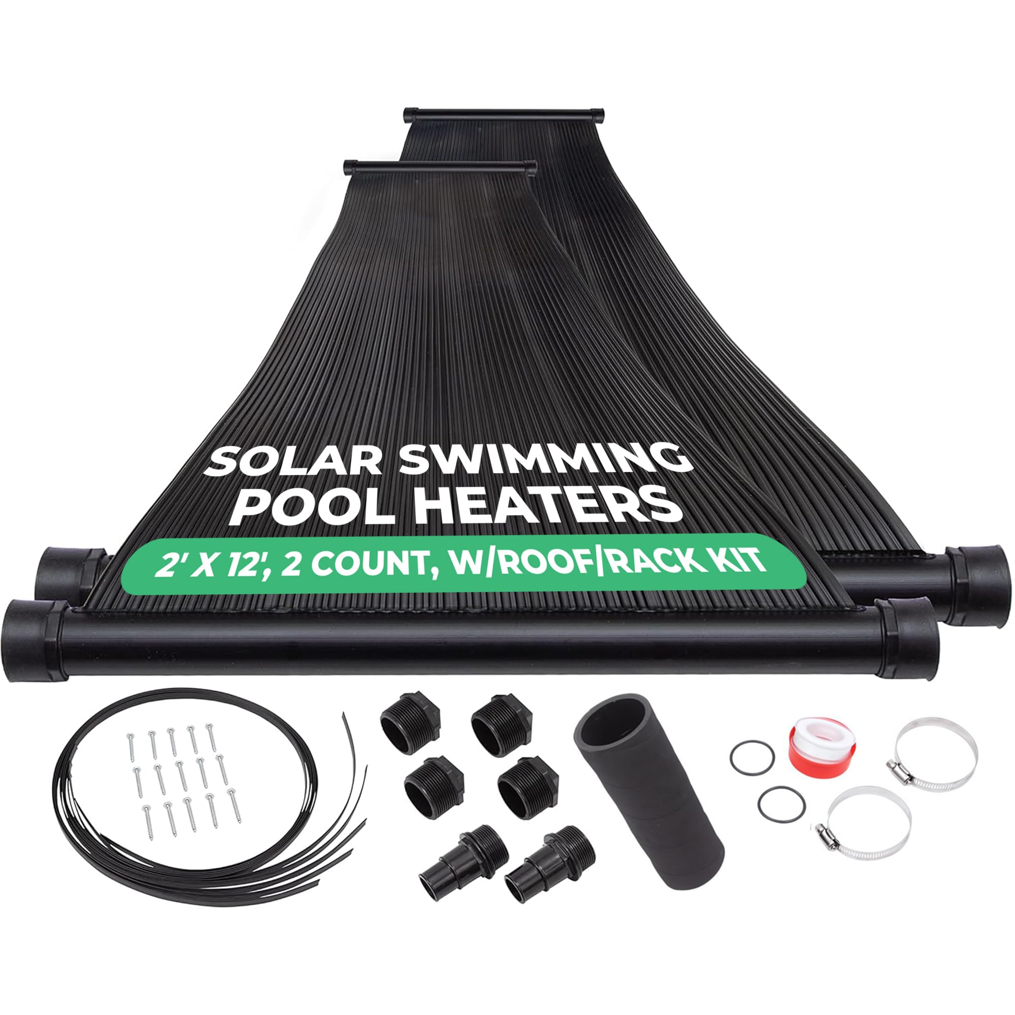 SunQuest Solar Pool Heater Panels - 2 Pack (2ft x 12ft) with Roof/Rack Kit - Efficient Solar Water Heater for Above Ground & Inground Pools - DIY Polypropylene UV-Resistant Panels | Perfect for Backyard Pool Heating & Energy Savings