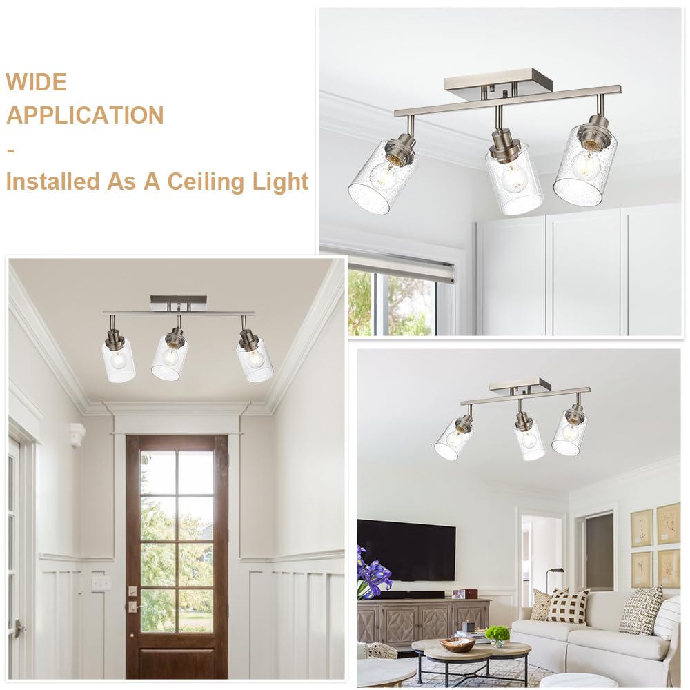 3-Light Adjustable Track Lighting Kit - Brushed Nickel Semi-Flush Mount Ceiling Light with Seeded Glass Shades - Perfect for Kitchen, Living Room & Vanity Lighting | Modern Spotlight Fixture for Home & Office