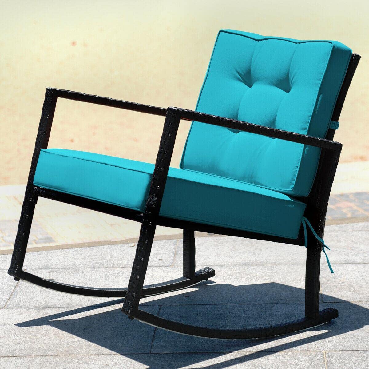 **Outdoor Rattan Rocking Chair with Turquoise Cushion - Patio Glider Wicker Rocker for Garden, Porch, or Camping - Comfortable Mikalo Chair for Relaxing & Lounging**