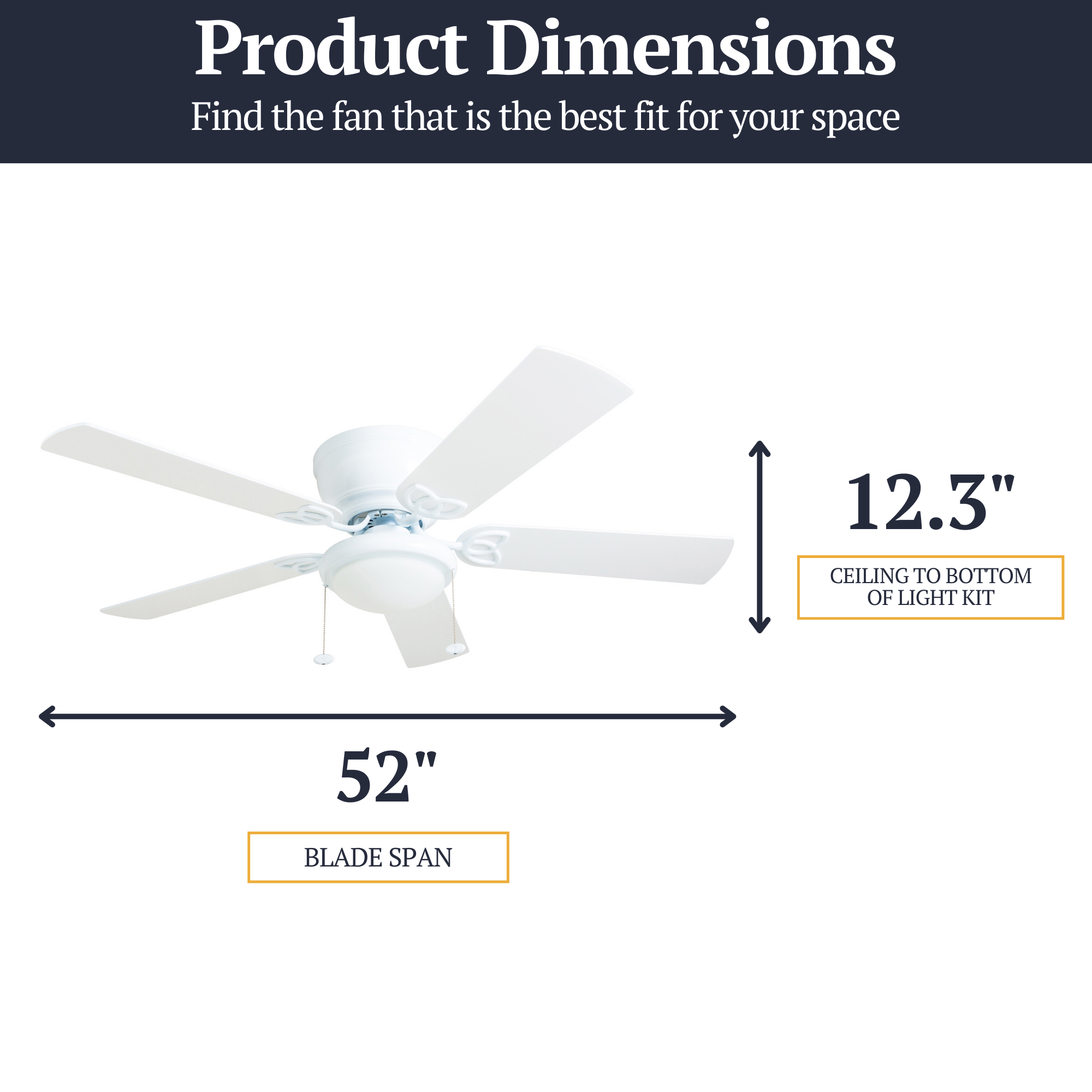 52 Inch Benton White Ceiling Fan with Pull Chain - Energy Efficient, Quiet Operation for Living Room, Bedroom, and Office