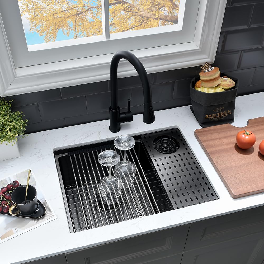 24 Inch Black Undermount Kitchen Sink with Glass Rinser - 16 Gauge Deep Single Bowl Stainless Steel Sink for Wet Bar & Workstation | VASOYO 24x19 Inch | Perfect for Modern Kitchens, Bars & Commercial Use