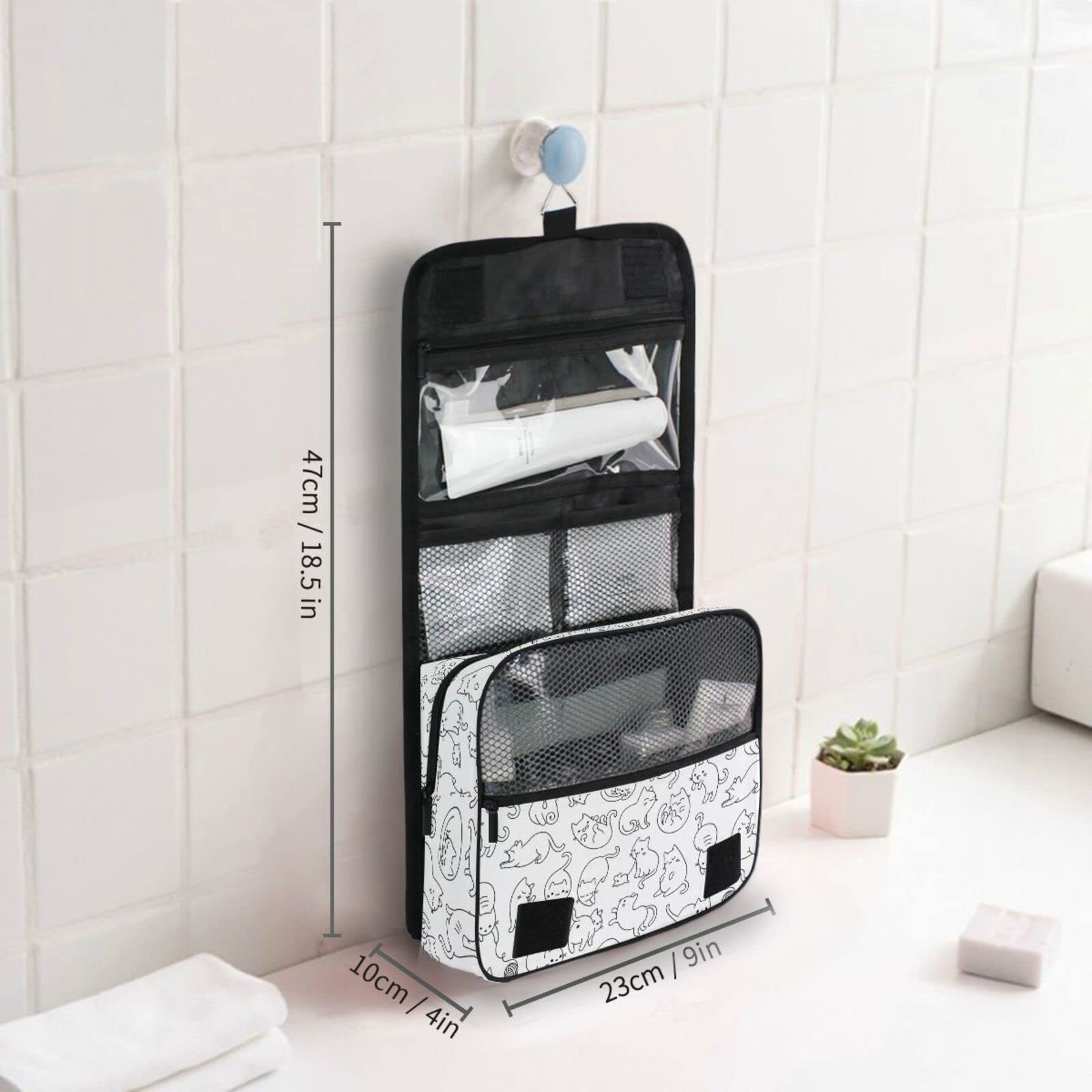 Moyyo White Cartoon Cats Hanging Travel Toiletry Bag - Waterproof Cosmetic Makeup Organizer for Women & Men - Portable Wash Bag for Gym, Camping, Business Trips & Vacation - Perfect Toiletry Organizer for Kids & Adults