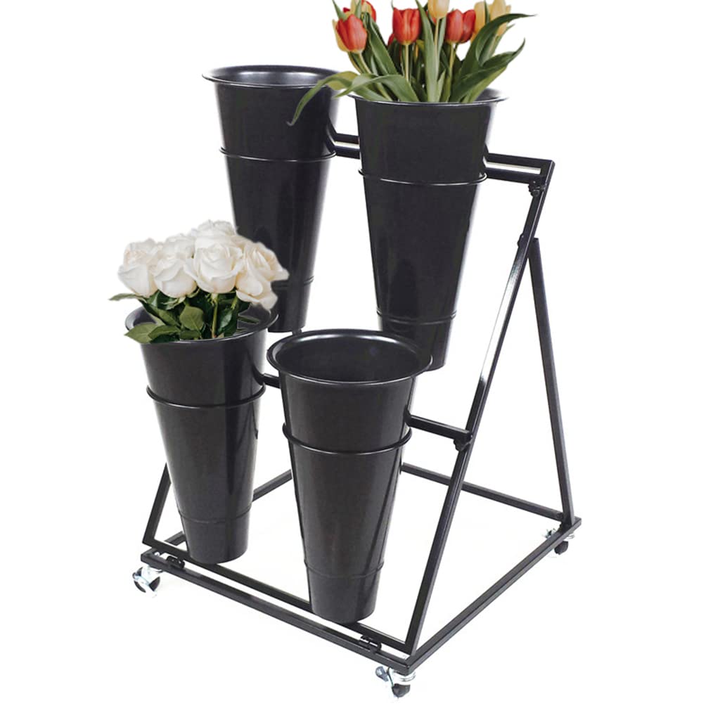 Heavy Duty 2-Tier Rolling Flower Stand with 4 Black Buckets - Indoor/Outdoor Decorative Plant Display Cart on Wheels for Florists, Garden, Patio - Perfect for Flower Arrangements, Wedding Decor & Farmers Market Displays