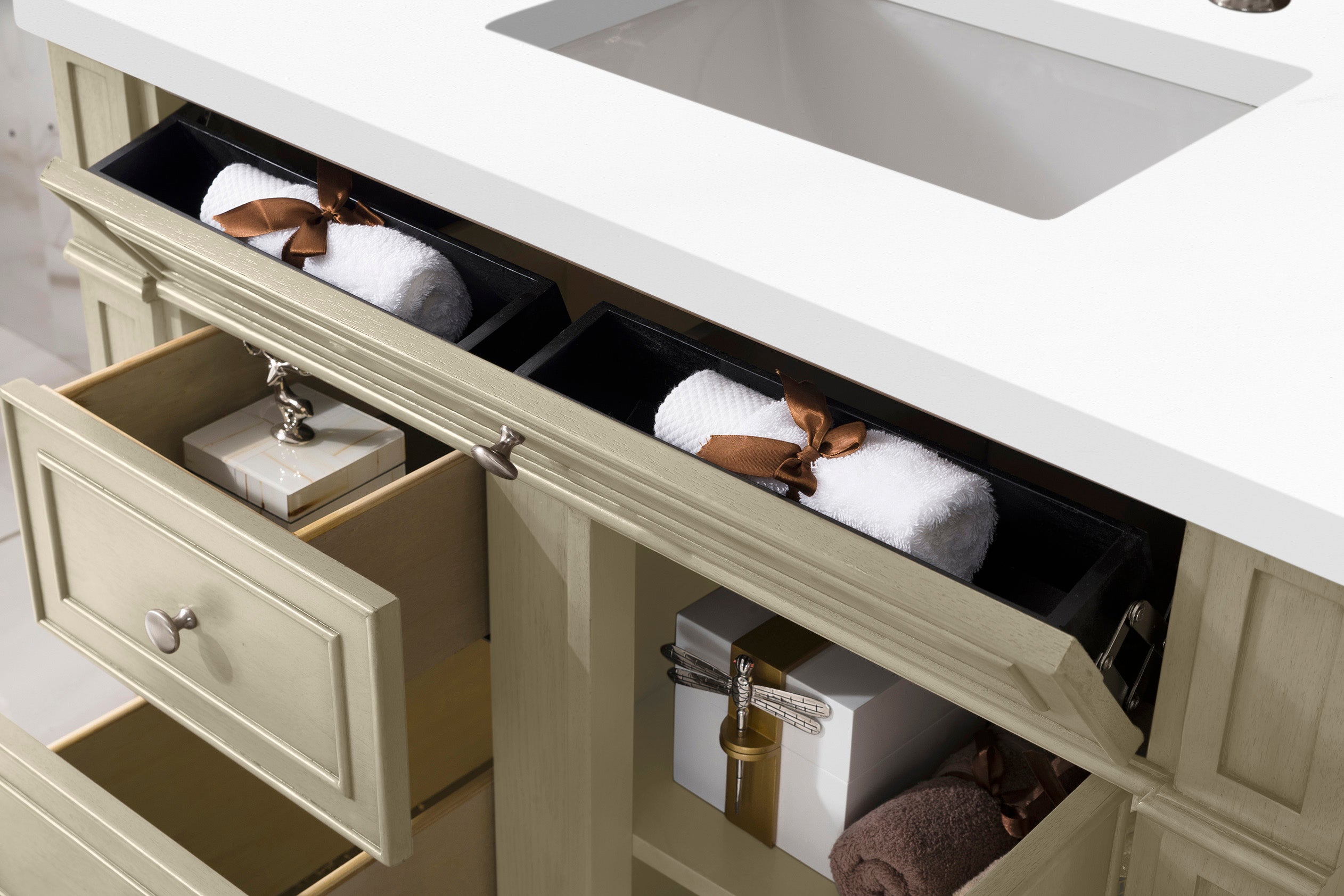 Bristol 36 Inch Single Bathroom Vanity Set with 3CM White Zeus Quartz Countertop - Vintage Vanilla Finish for Classic & Modern Bathrooms