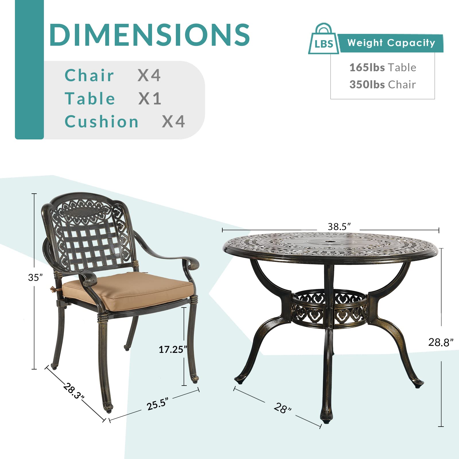 MEETWARM 5-Piece Outdoor Dining Set - All-Weather Cast Aluminum Patio Furniture with 4 Chairs, Cushions & Round Table (Umbrella Hole Included) - Perfect for Backyard, Garden, Deck, Poolside & Outdoor Entertaining