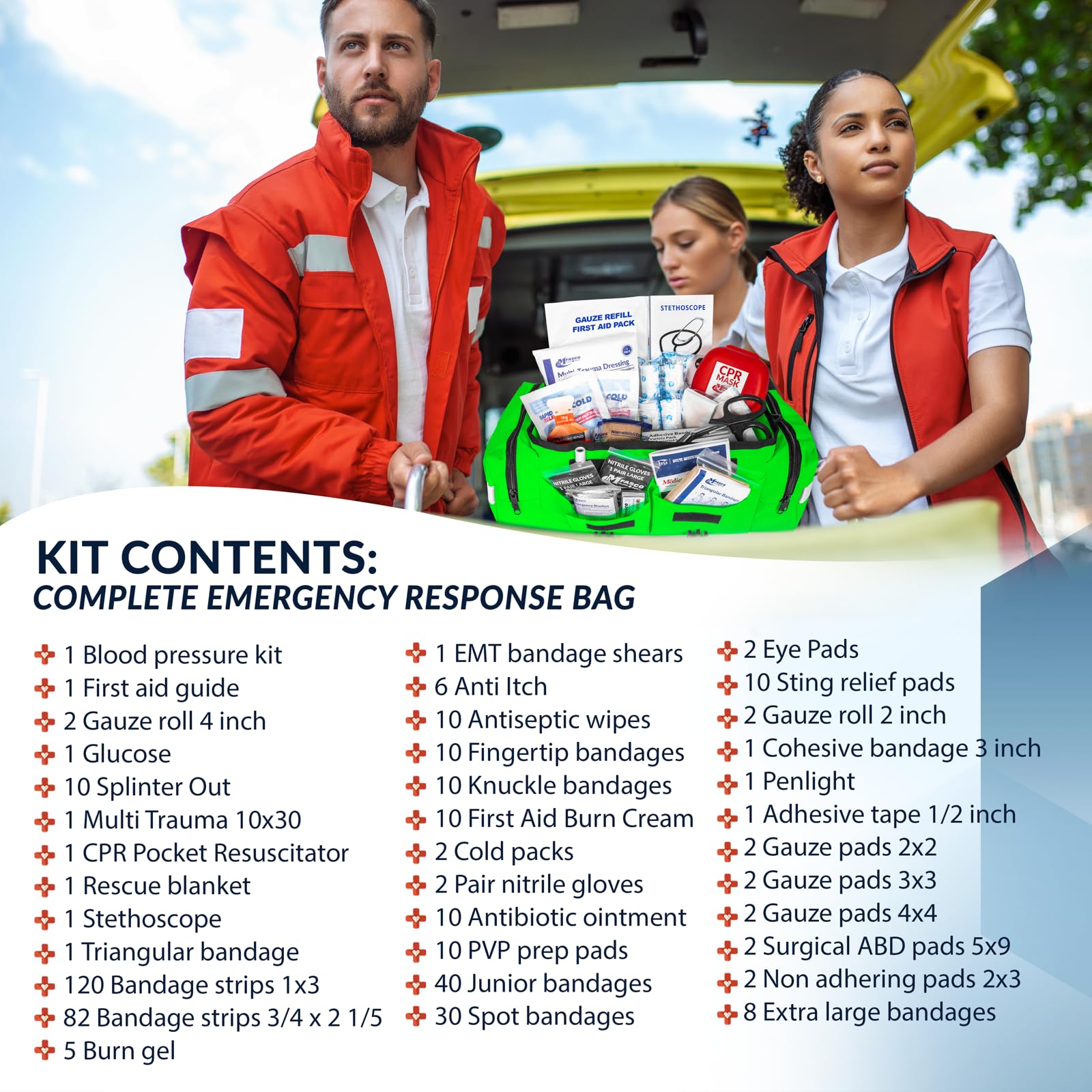 415-Piece First Aid Kit - Fully Stocked Portable Emergency Medical Supplies with Reflective Bag | First Responder & Disaster Preparedness Kit | Customizable Storage | Ideal for Home, Car, Camping & Workplace Safety (Lime Green)