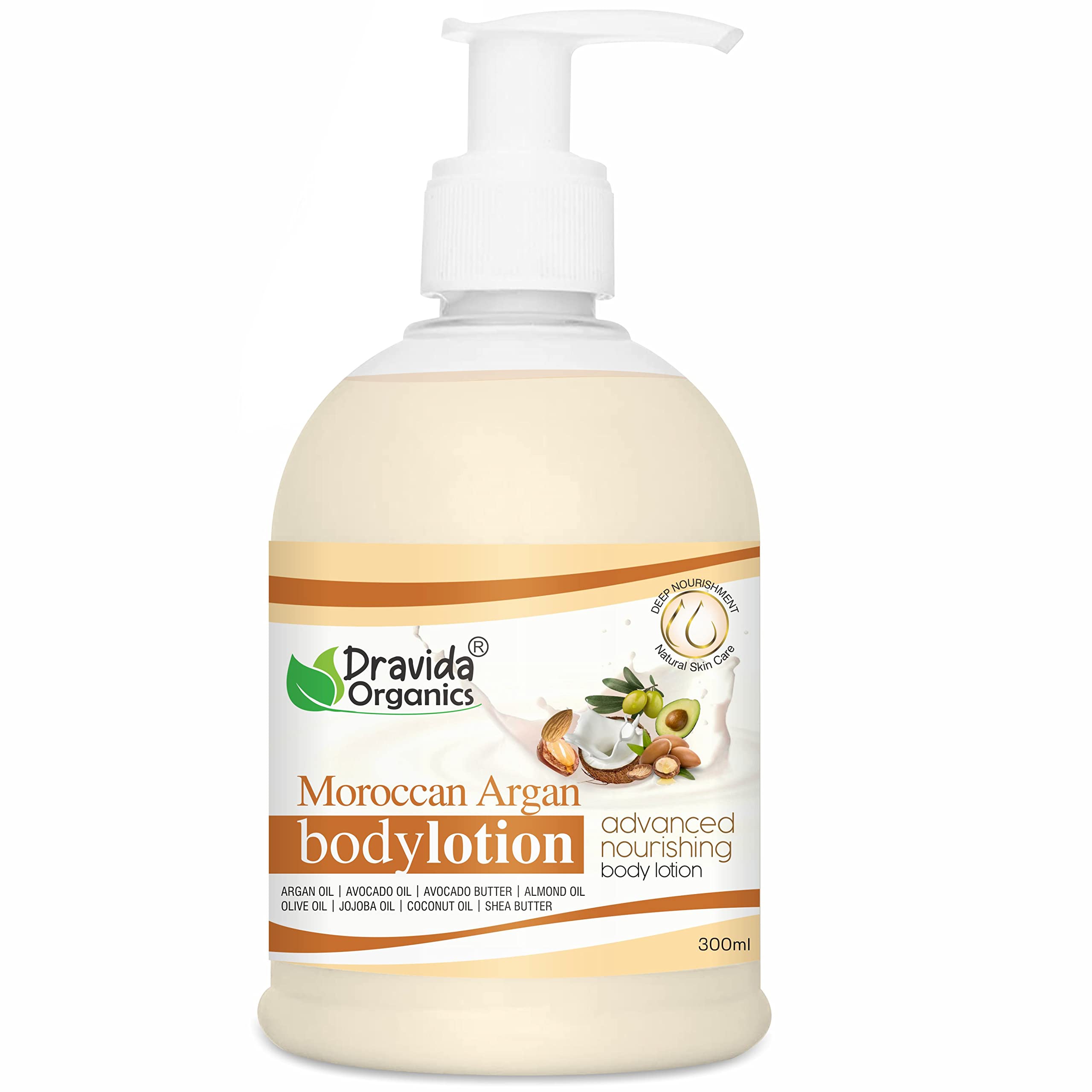 Dravida Organics Moisturizing Body Lotion with Argan Oil & Avocado Oil - 300ml for Dry, Sensitive & All Skin Types | Hydrating & Nourishing Skin Care for Daily Use & After Shower