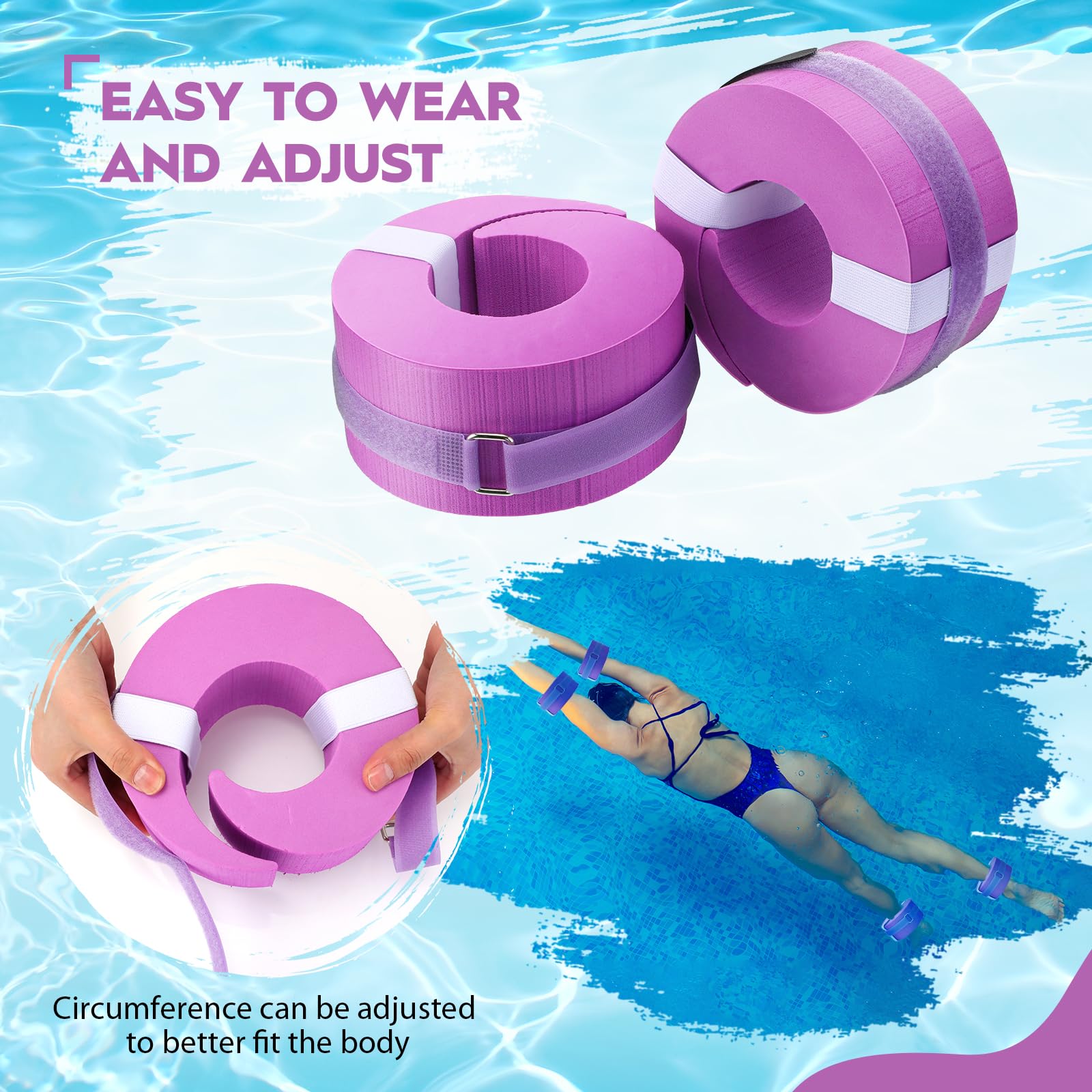 2 Pcs Foam Swim Aquatic Cuffs - Water Aerobics Float Rings with Detachable Hook & Loop Fastener - Swimming Fitness Training Equipment for Pool Workouts & Exercise - Perfect for Water Aerobics, Swim Training, and Aquatic Therapy