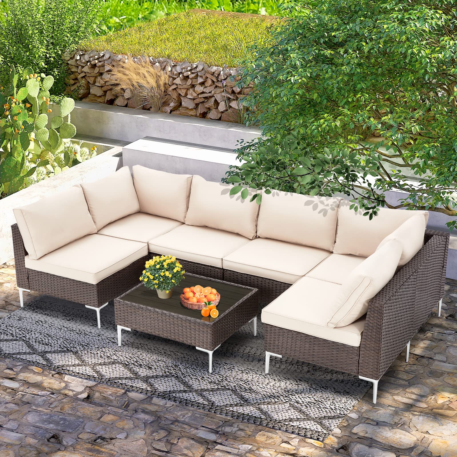 7-Piece Patio Furniture Set Outdoor Conversation Sectional with Coffee Table & Cushions - All-Weather Wicker Rattan Sofa Set for Backyard, Garden, Poolside, Deck (Khaki) | Perfect for Outdoor Entertaining & Relaxation