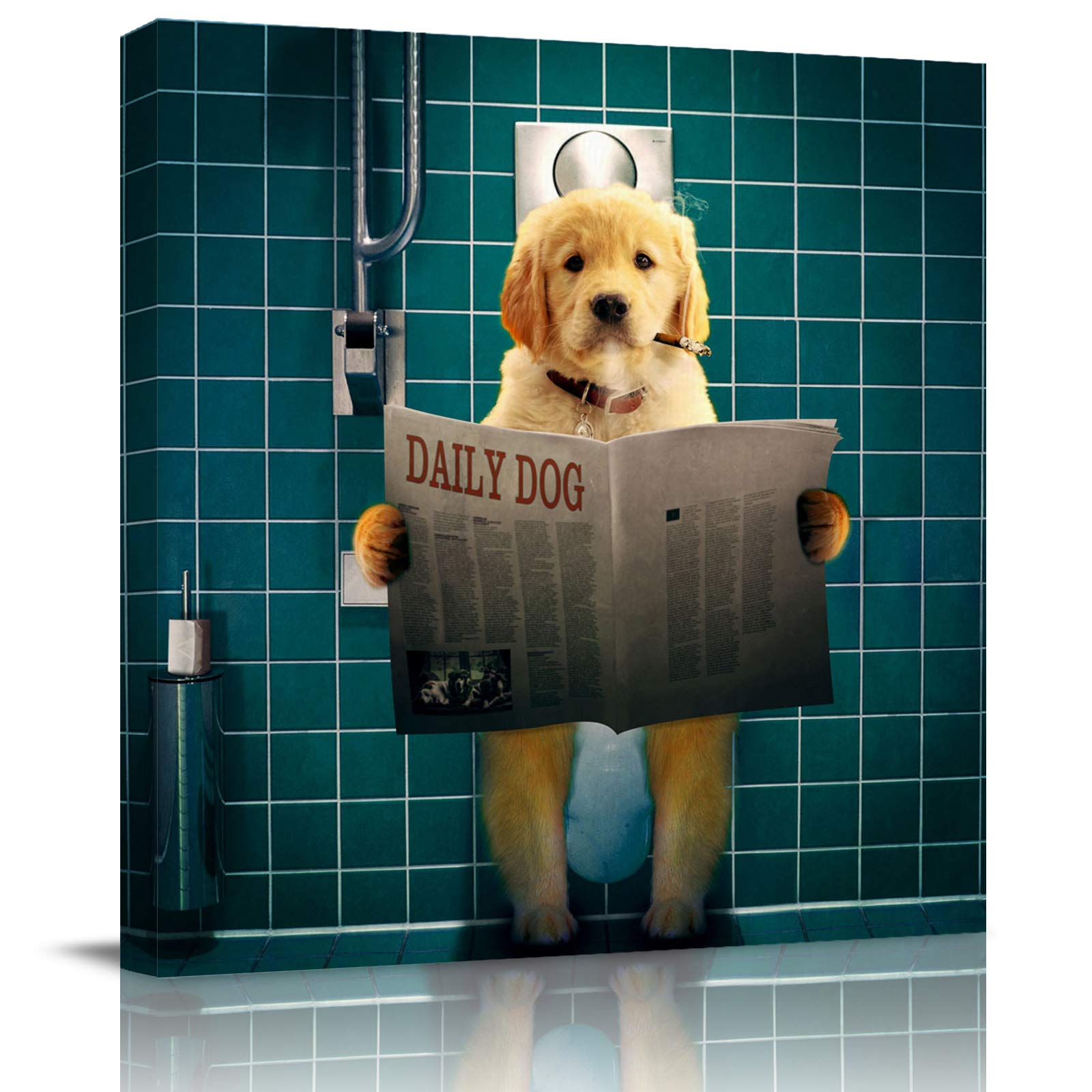 1998 Sitting Toilet Dog Canvas Art Print - Wood Framed Animal Smoke Picture Wall Decor (28x28 Inch) | Unique Housewarming Gift, Wedding Present & Festival Home Decoration | Perfect for Living Room, Bathroom or Office Wall Art