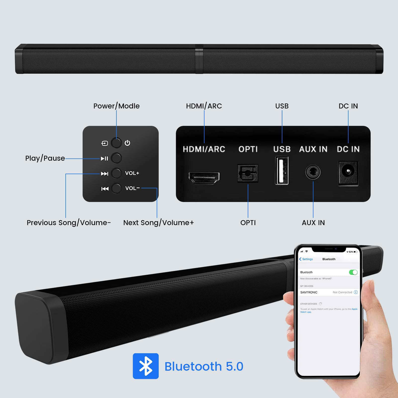 Premium 40W 2.1 Channel Bluetooth 5.0 Soundbar for Smart TV - Wireless & Wired Home Theater Speaker System with HDMI-ARC/Optical/AUX, Detachable Design for Enhanced Audio - Perfect for Movie Nights & Gaming Setup