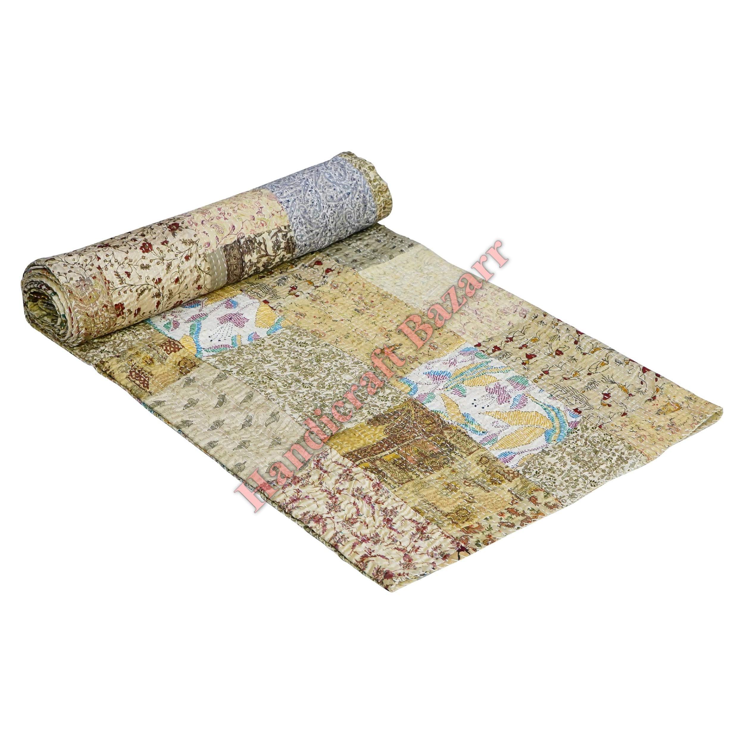 Handmade Vintage Silk Patola Quilt - Kantha Woven Throw Blanket & Bedspread for Boho Decor, Moroccan Style Bedroom, Cozy Living Room, and Unique Gift Ideas